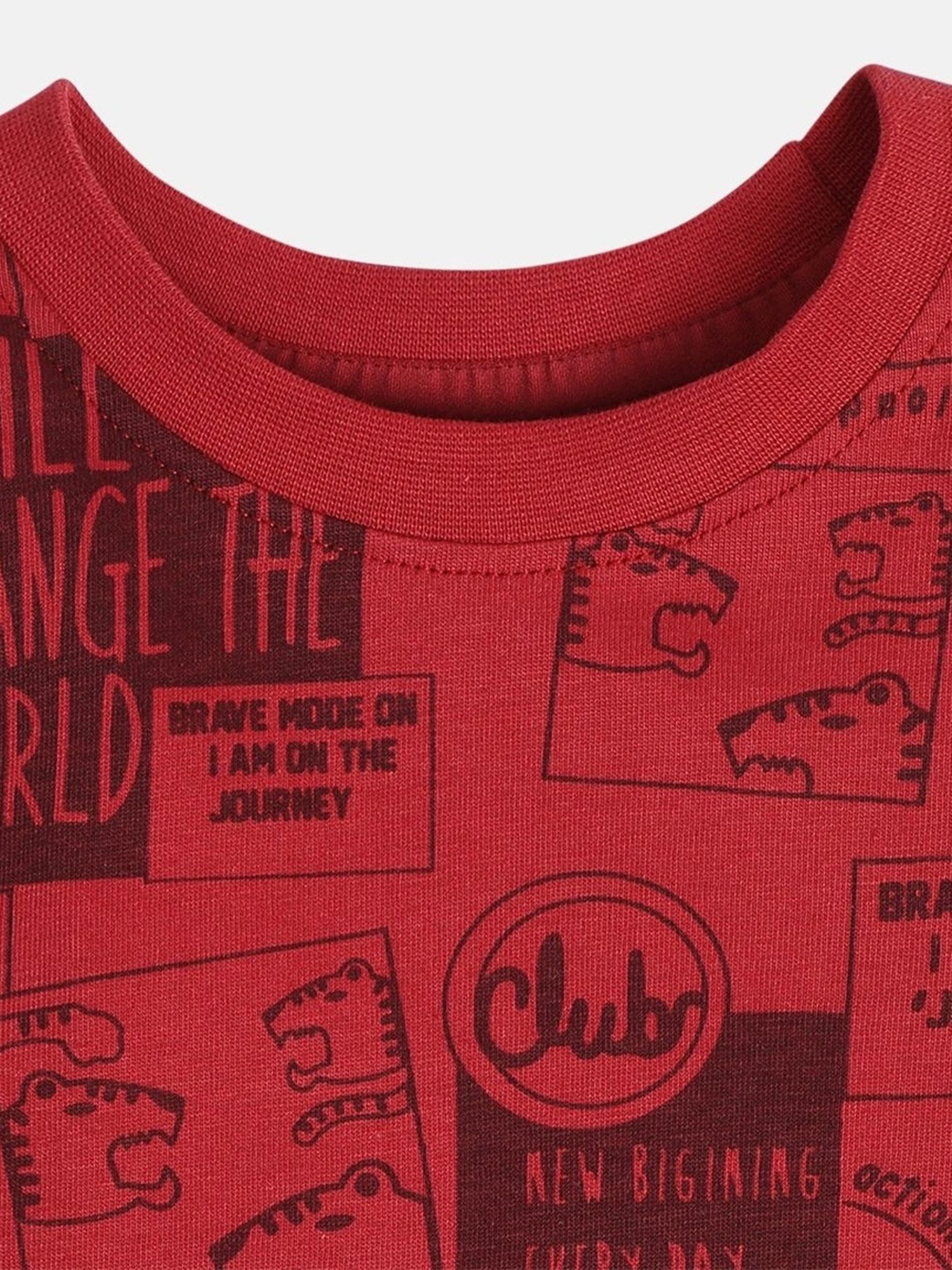 MINIKLUB Boys Maroon Cotton Printed Full Sleeves T-Shirt