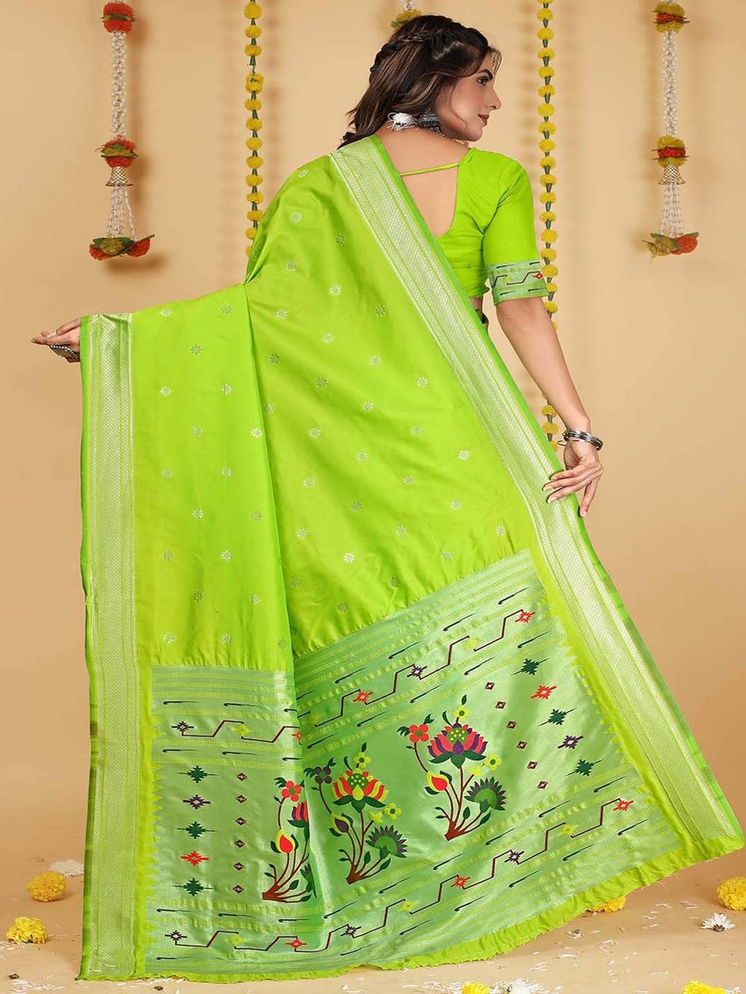 SHUBHKALA Green Silk Woven Saree With Unstitched Blouse