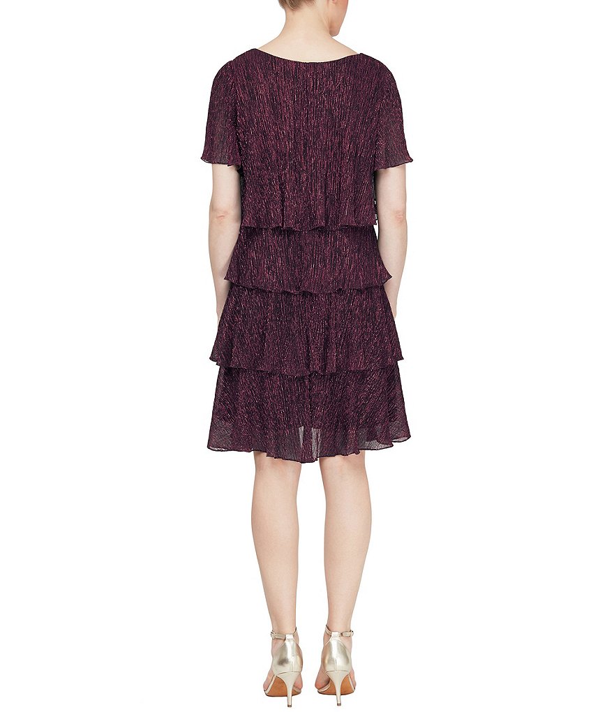 Ignite Evenings Shimmer Tiered Ruffle Scoop Neck Short Flutter Sleeve Dress