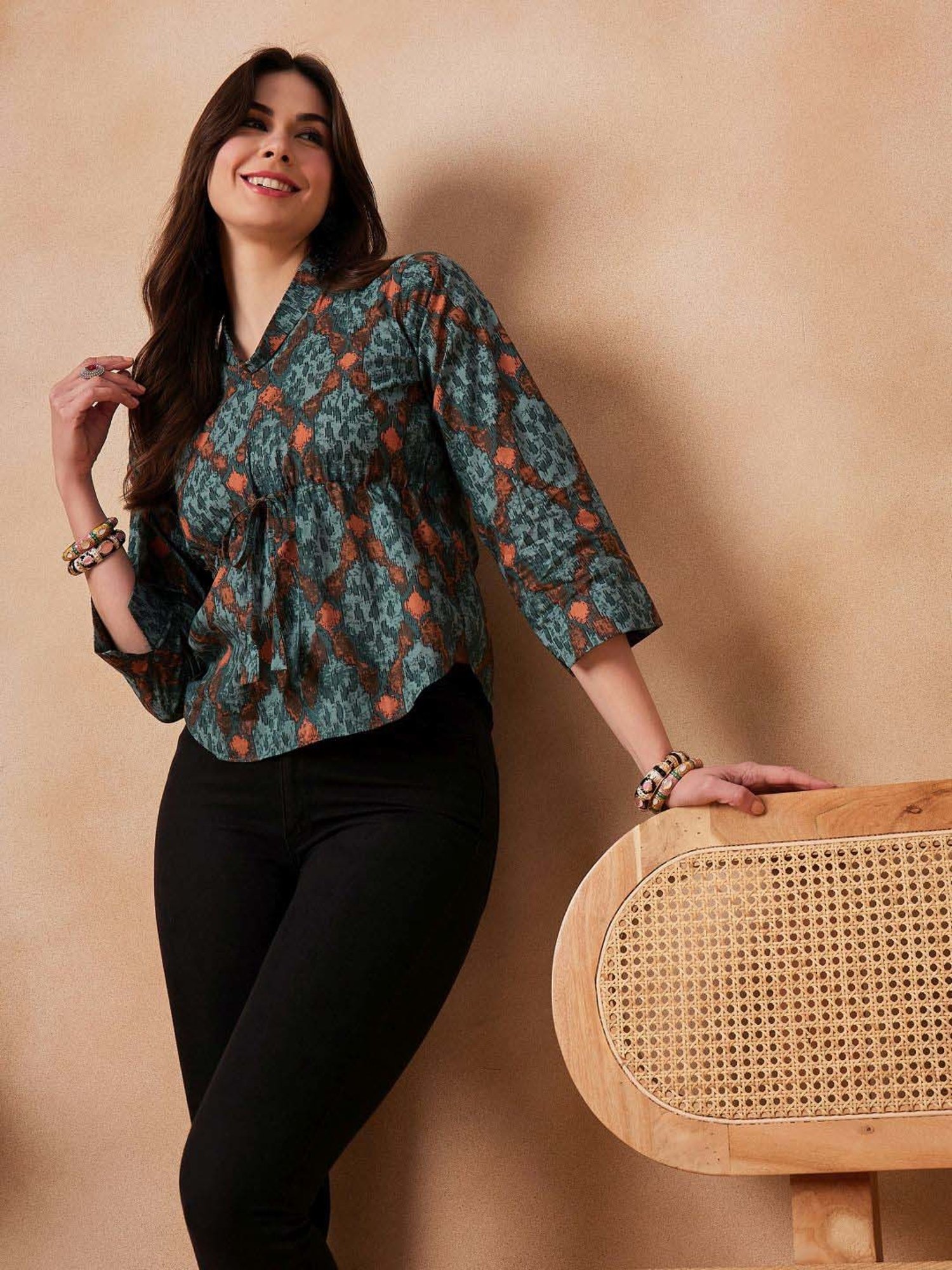 Inweave Blue & Brown Cotton Printed Top