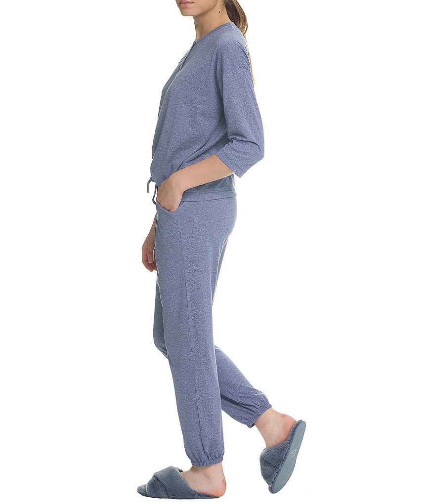 Papinelle Unwind Solid Knit 3/4 Sleeve Round Neck Henley Top & Jogger Pants Lounge Set