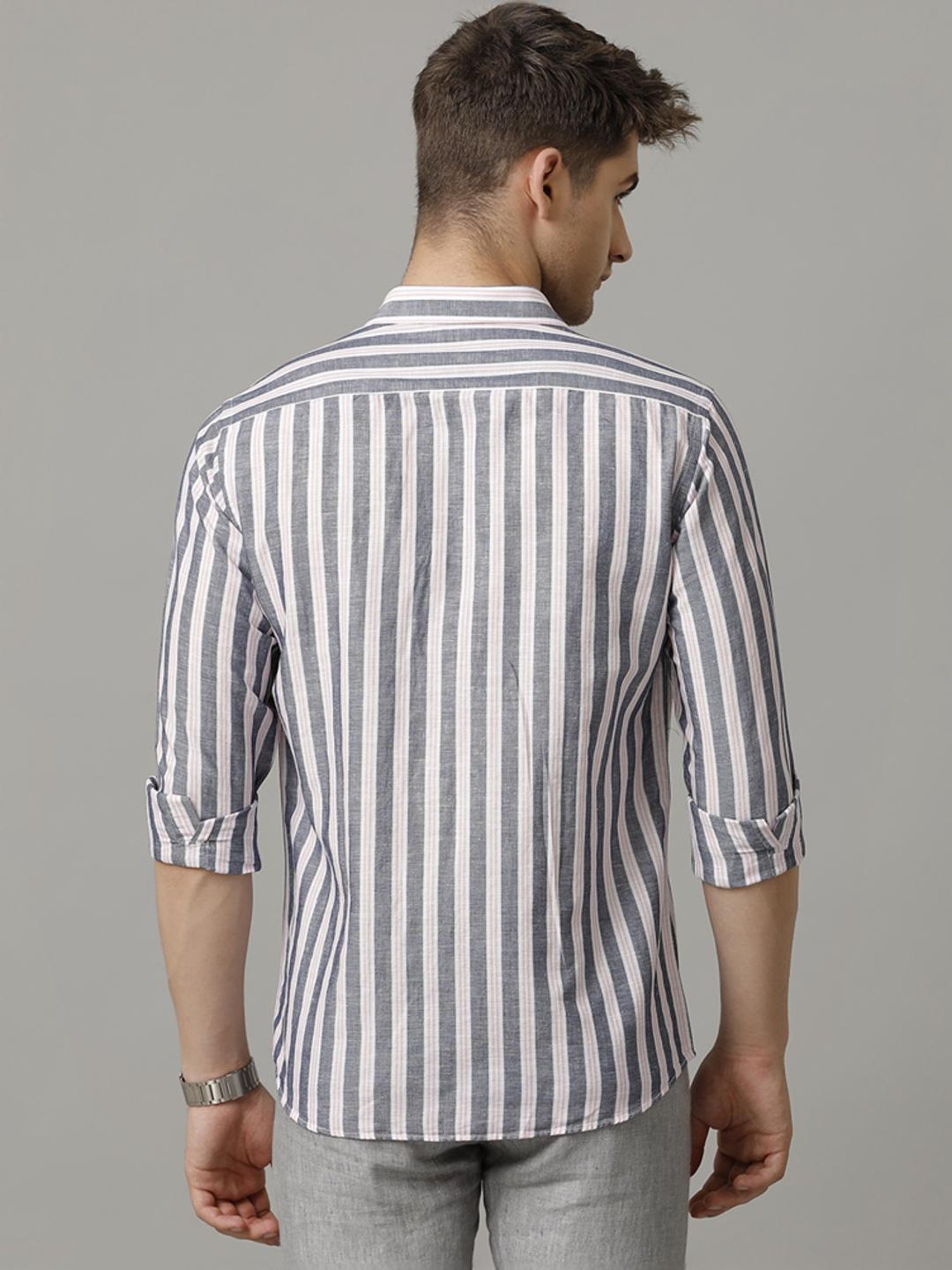 Linen Club Grey Linen Contemporary Fit Striped Shirt
