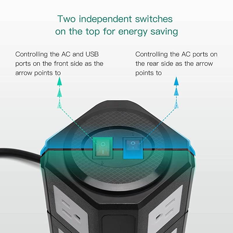 Power Strip Tower  8 AC Outlets 3000W 15A and 4 USB Slots 8A Desktop Smart Charging Station Multiple Protection with Heavy Duty 6.5ft 14 AWG Extension Cord for Home Office