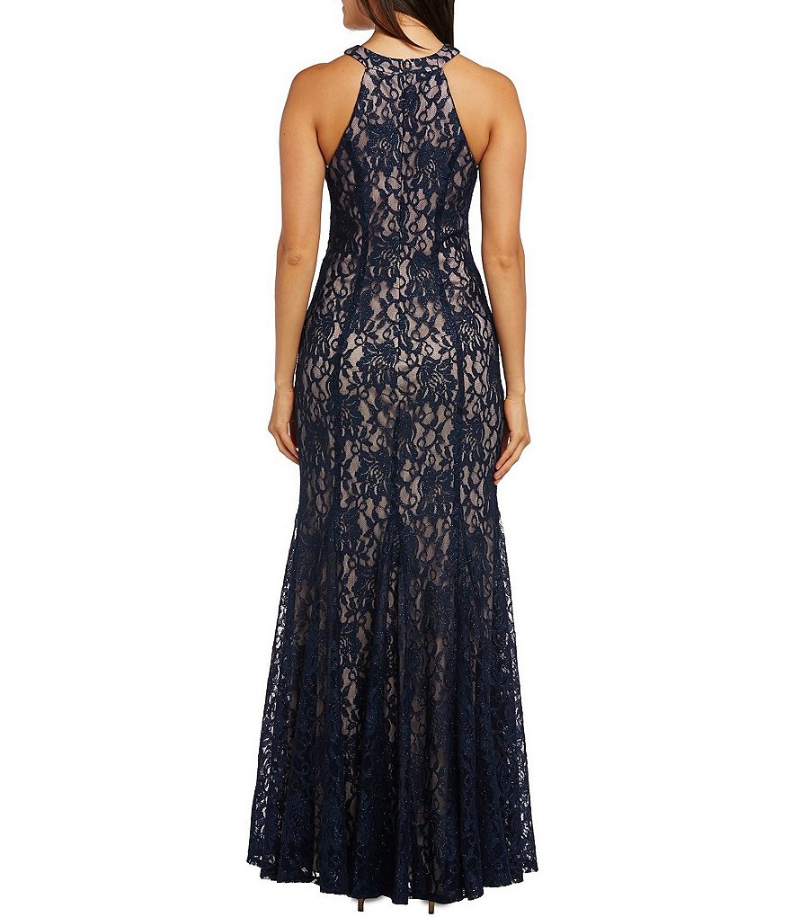 R & M Richards Long Glitter Lace Halter Neck Keyhole Front Sleevless Mermaid Dress