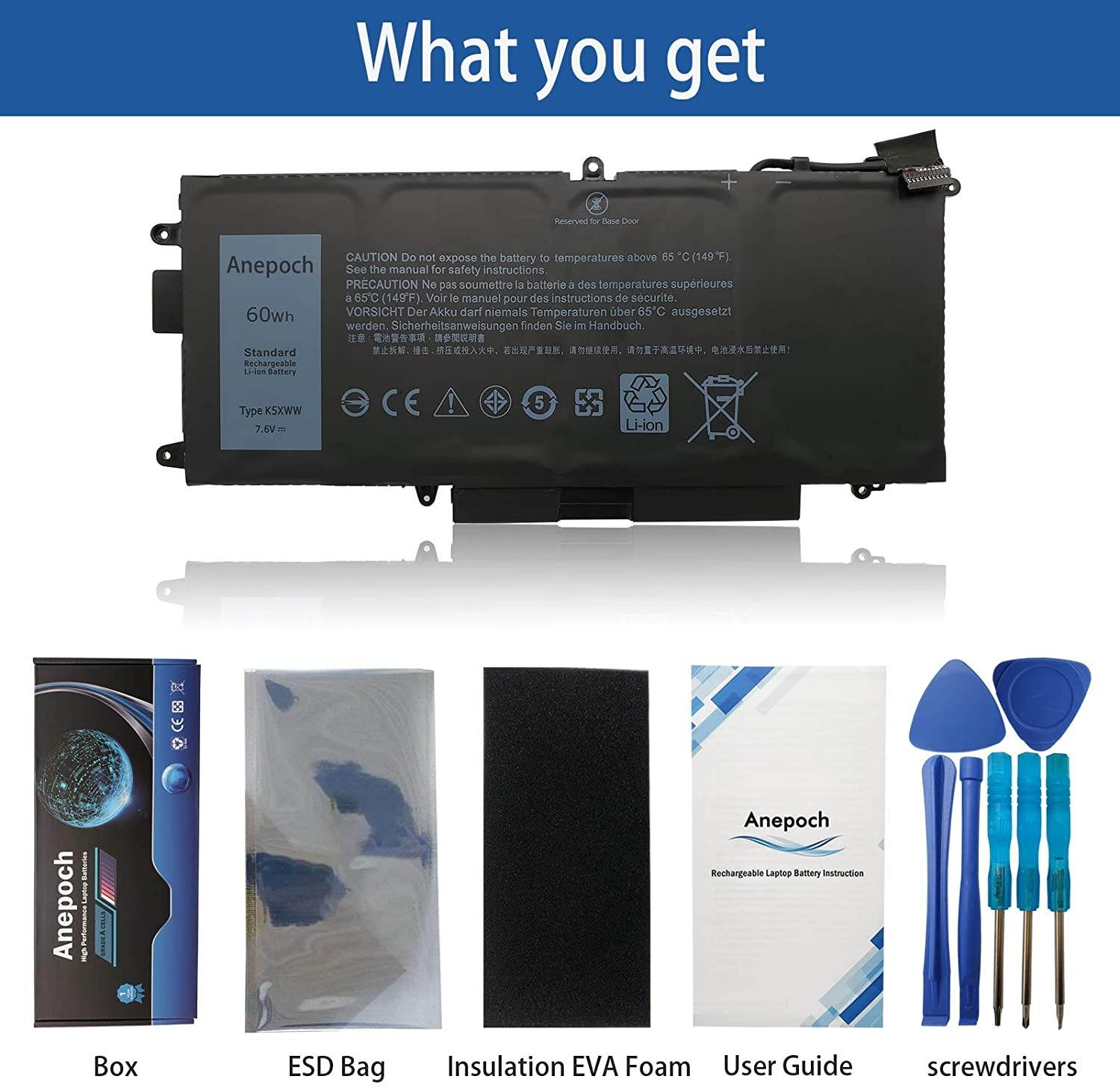 Anepoch K5XWW Laptop Battery for Dell Latitude 13 7389 P29S001 7390 P29S002 2-in-1 L3180 E5289 Series Notebook 6CYH6 71TG4 725KY J0PGR N18GG 7.6V 60Wh 7890mAh