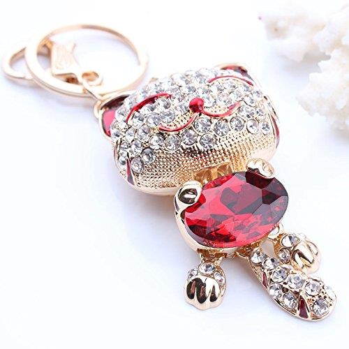 Cute Kitten Cat Bling Crystals Rhinestone Key Chain Keyring Holder Handbag Charm For Pet Lover (Red)