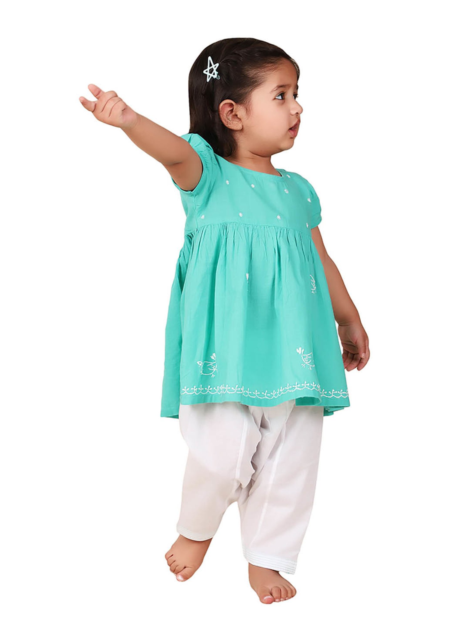 Fabindia Kids Light Blue & White Embroidered Kurta with Salwar