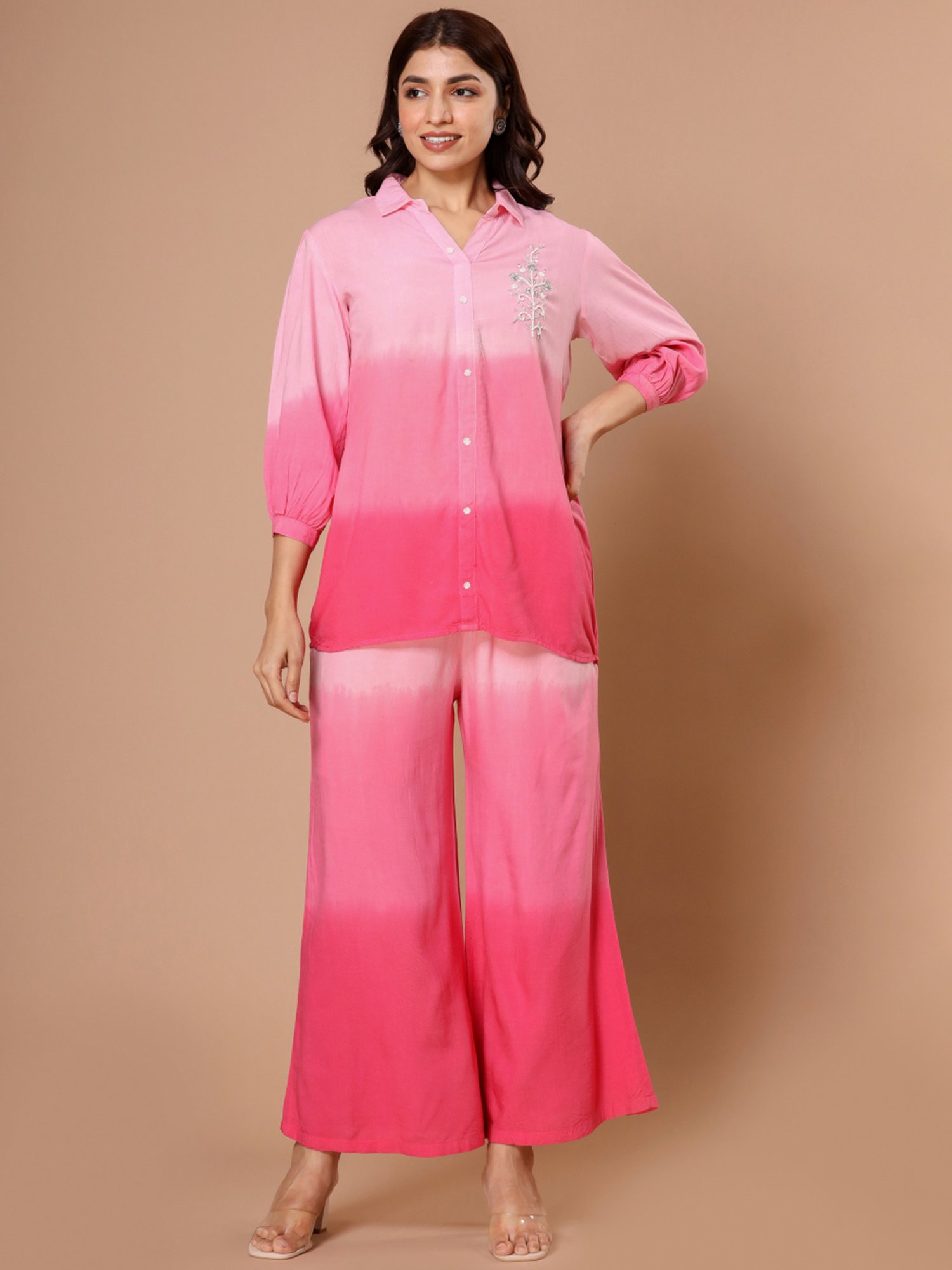 Zolo Label Pink Embroidered Top Pant Set