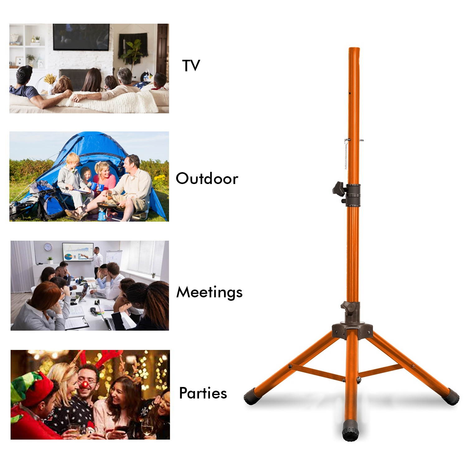 Technical Pro Professional Iron Steel Orange Tri-Pod Speaker Stand with Plastic Feet, 40 lbs Capacity, Adjustable Height (2 Packs)