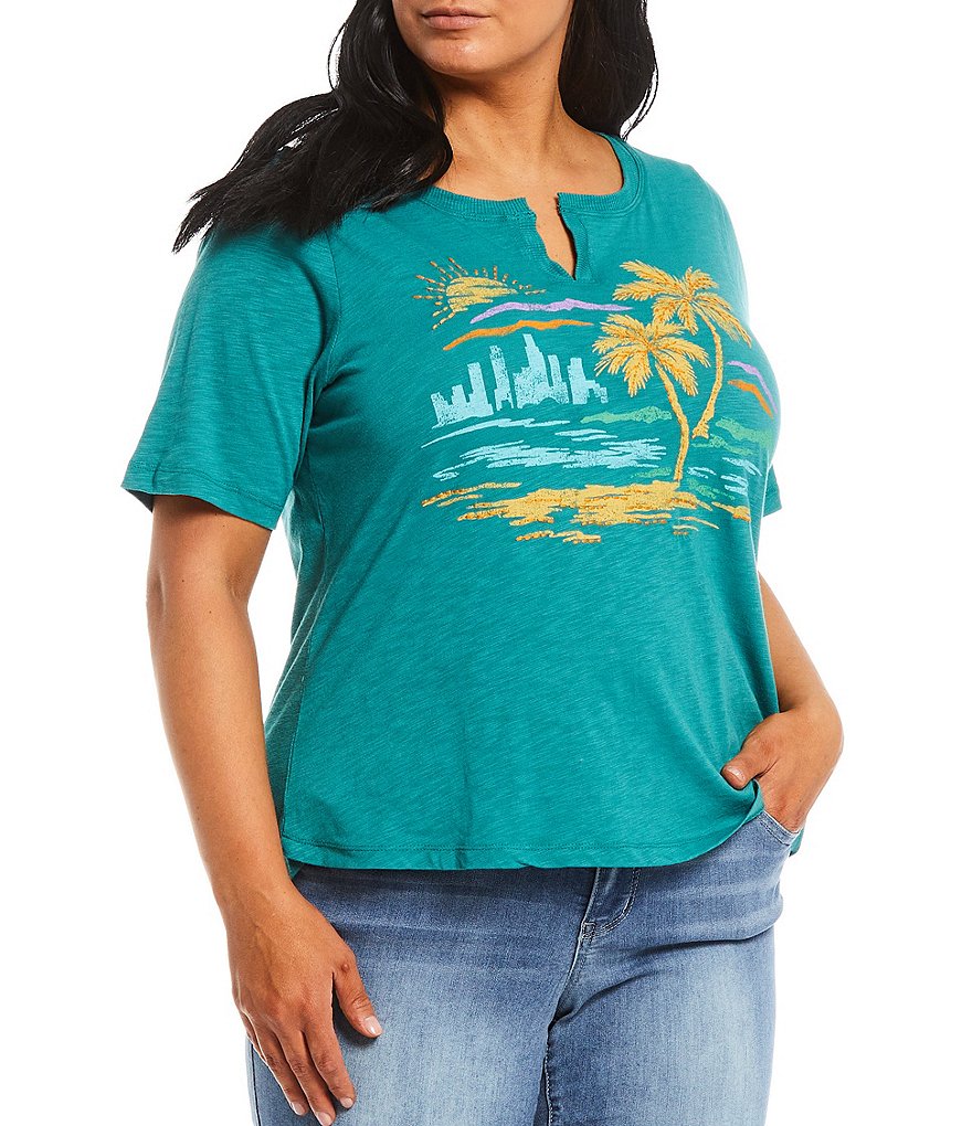 Democracy Plus Size Notch Neck Elbow Sleeve Screen Tee