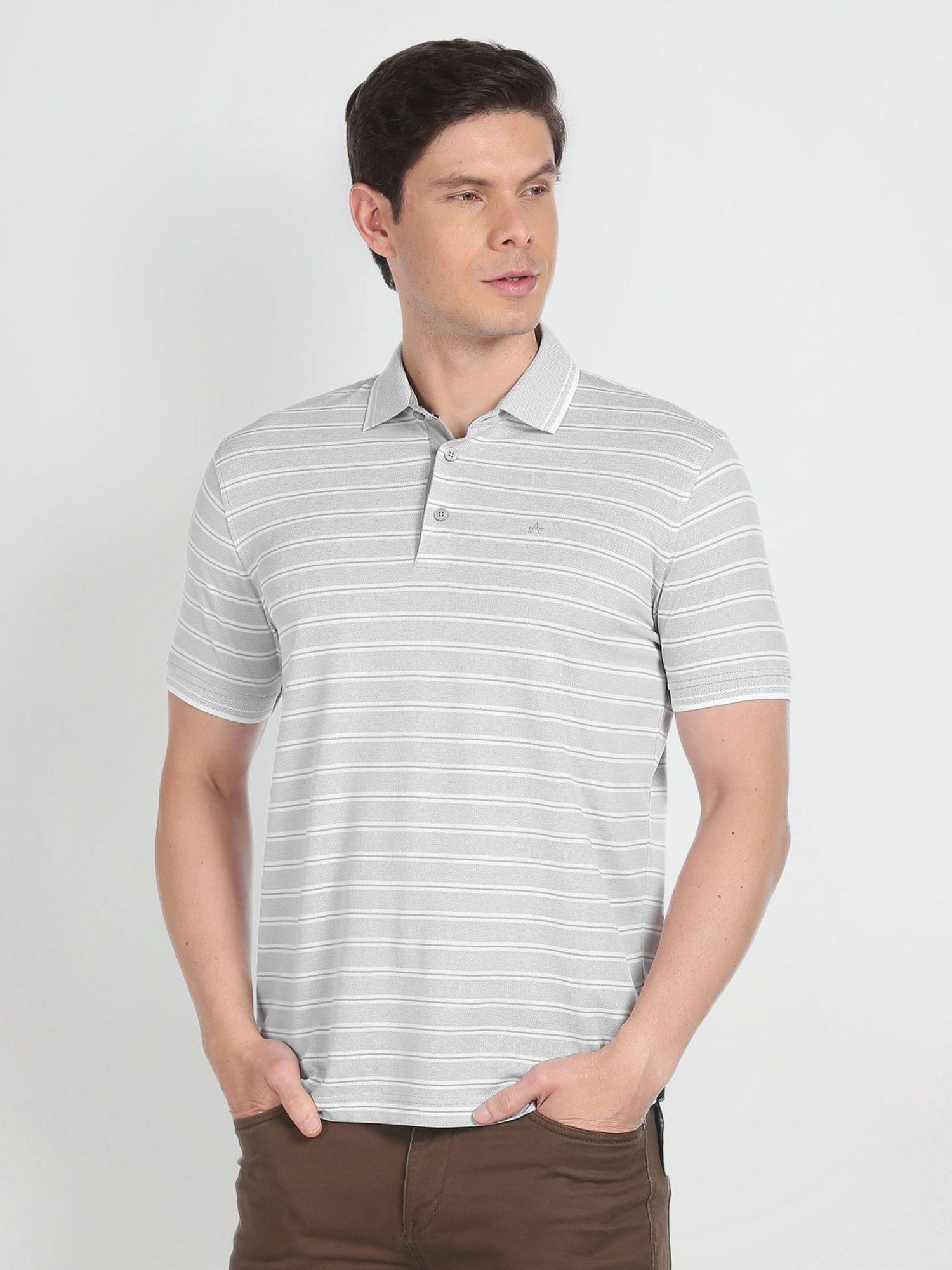 Arrow Grey Cotton Regular Fit Striped Polo T-Shirt