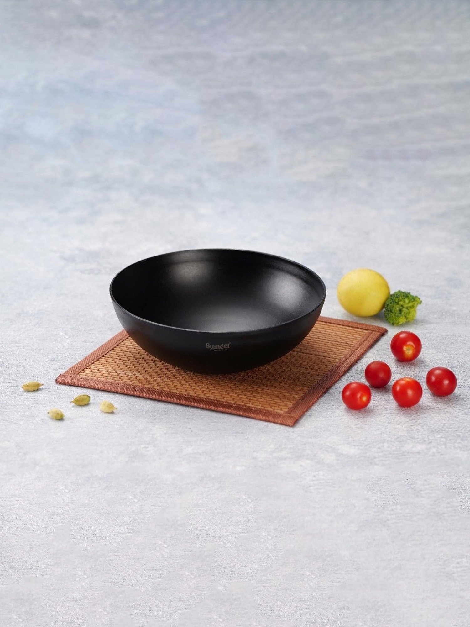 Sumeet Pre Seasoned Carbon Steel (Iron) Deep Tasra for Frying|17.3cm-950ml, Gas & Induction-Friendly