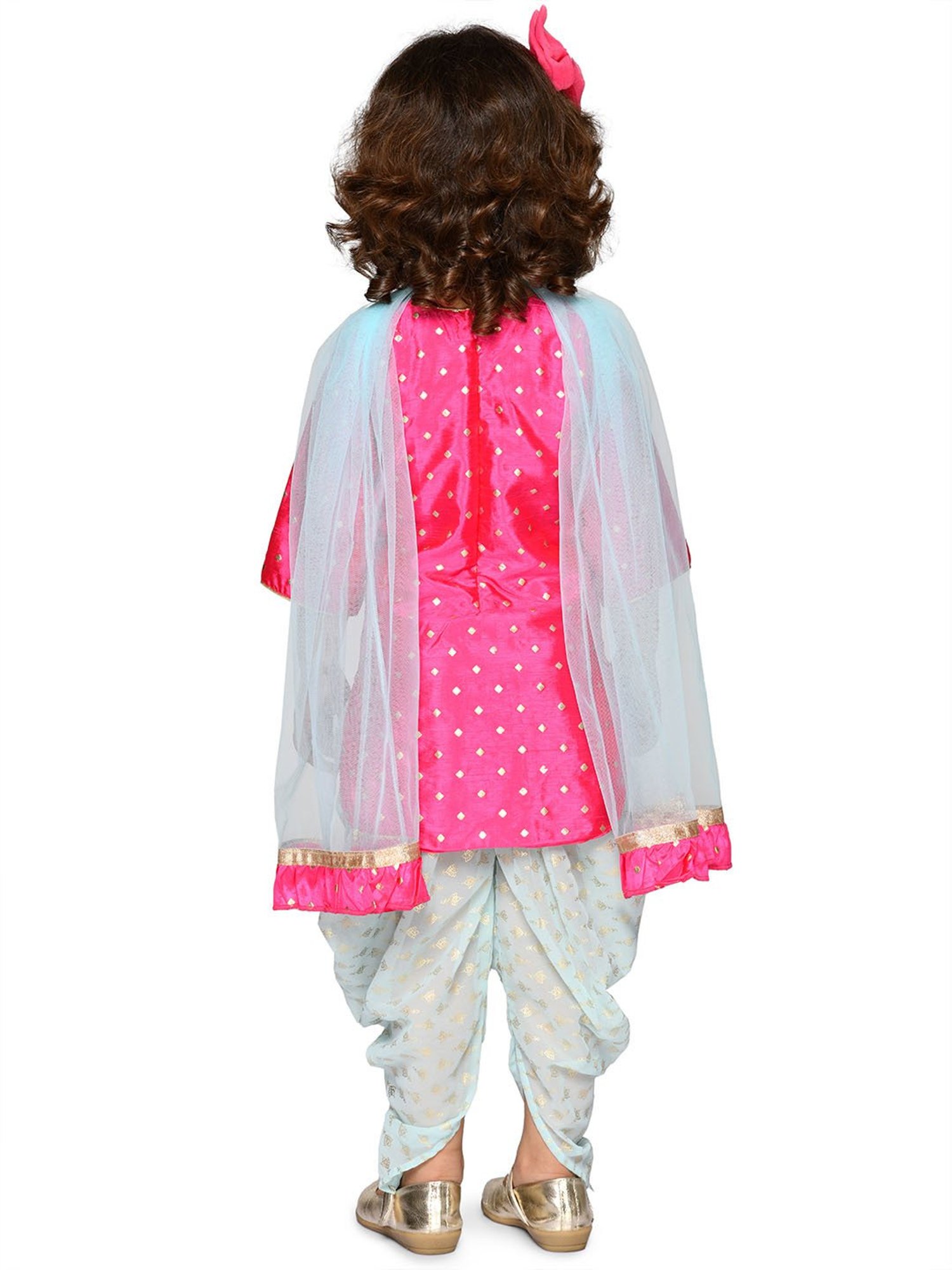 Saka Designs Kids Fushcia & Blue Foil Print Kurta with Dhoti & Dupatta