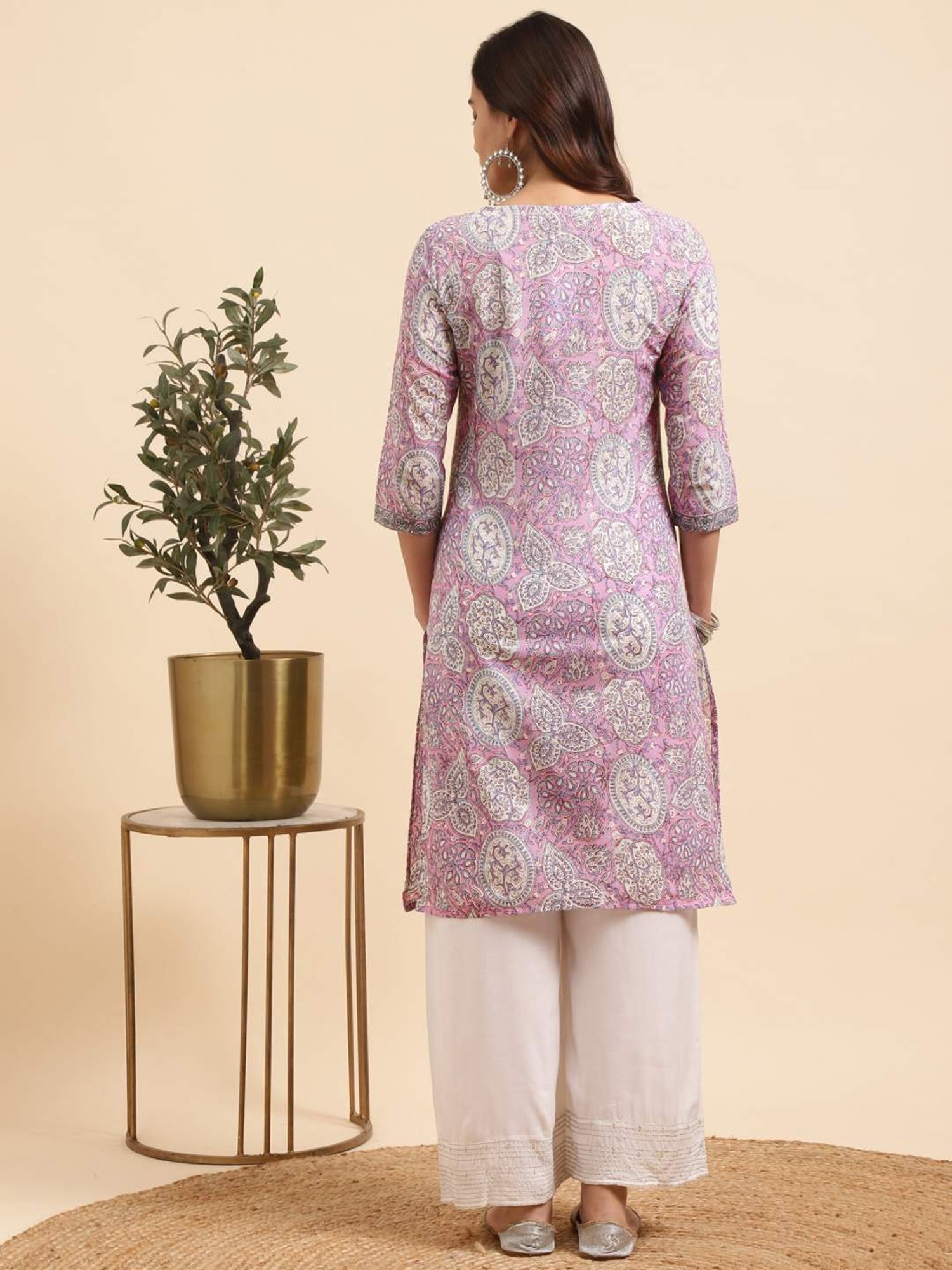 Rangita Purple & White Cotton Floral Print Kurta Palazzo Set