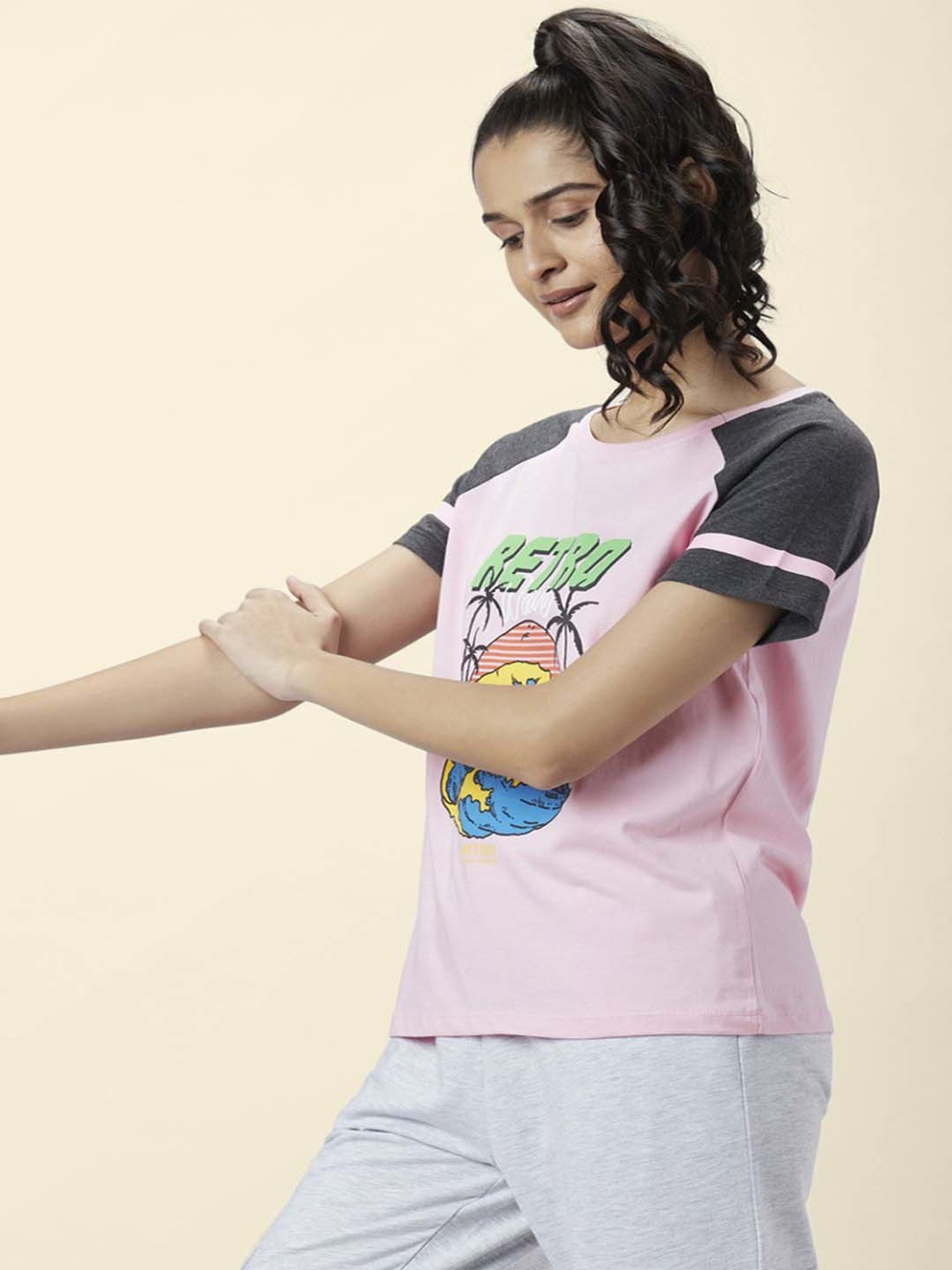 Ajile by Pantaloons Pink & Grey Cotton Graphic Print Sports T-Shirt