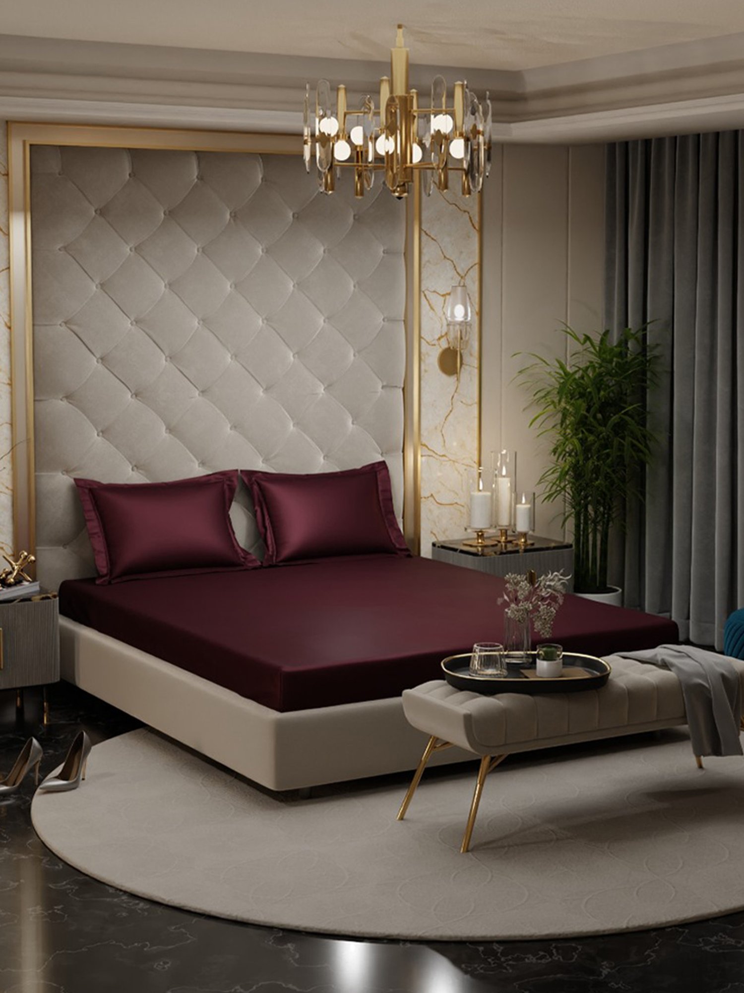 Stoa Paris Maroon 300 TC Polyester Super King Fitted Sheet with 2 Pillow Covers