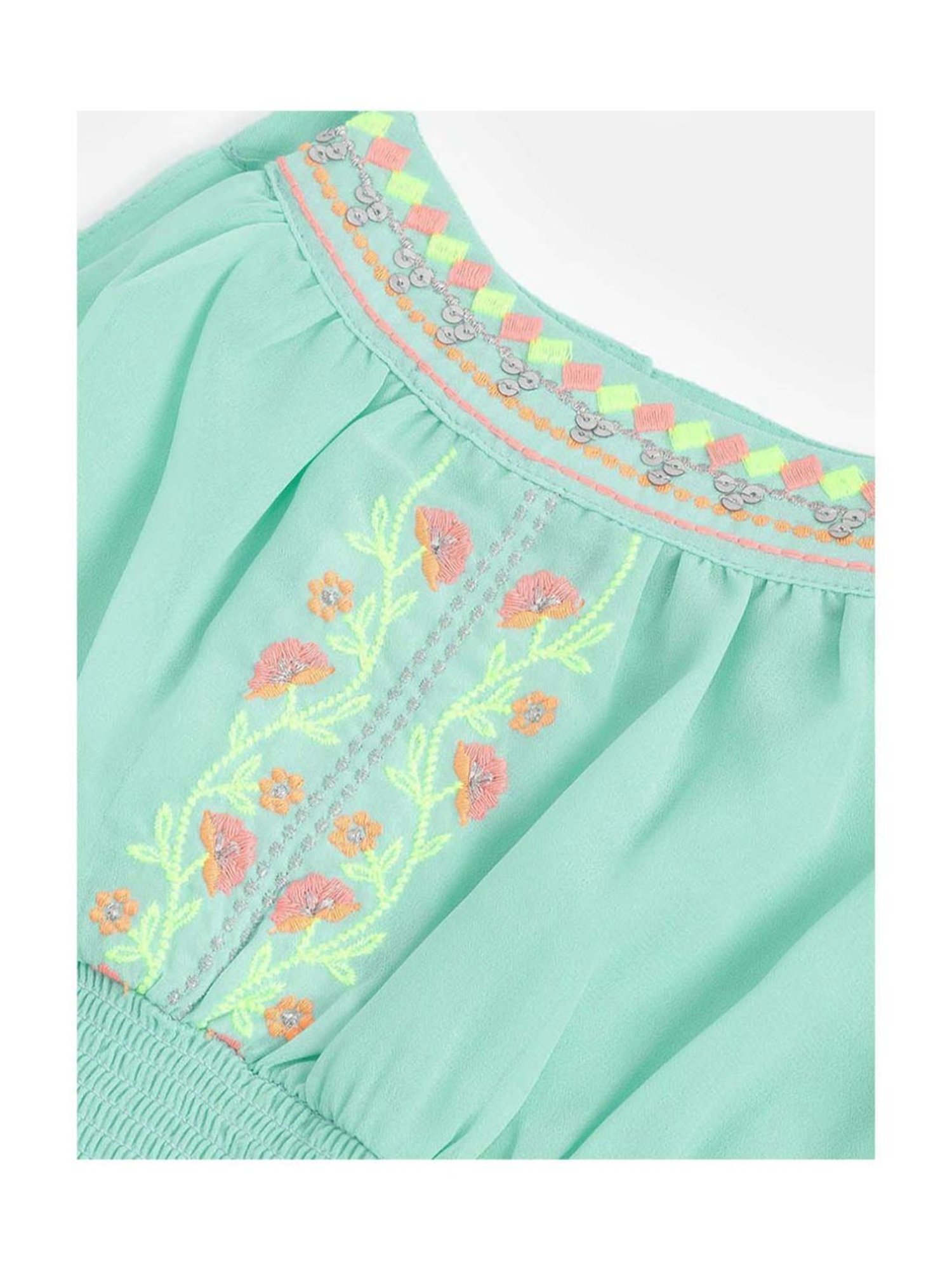 Nauti Nati Kids Blue & Mint Green Embroidered Dress (Pack Of 2)
