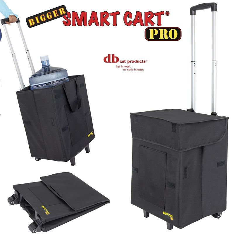 dbest products 01-854 Bigger Smart Cart Pro Collapsible Rolling Utility Basket for Laundry, Shopping, and Travel with Telescoping Handle, Black