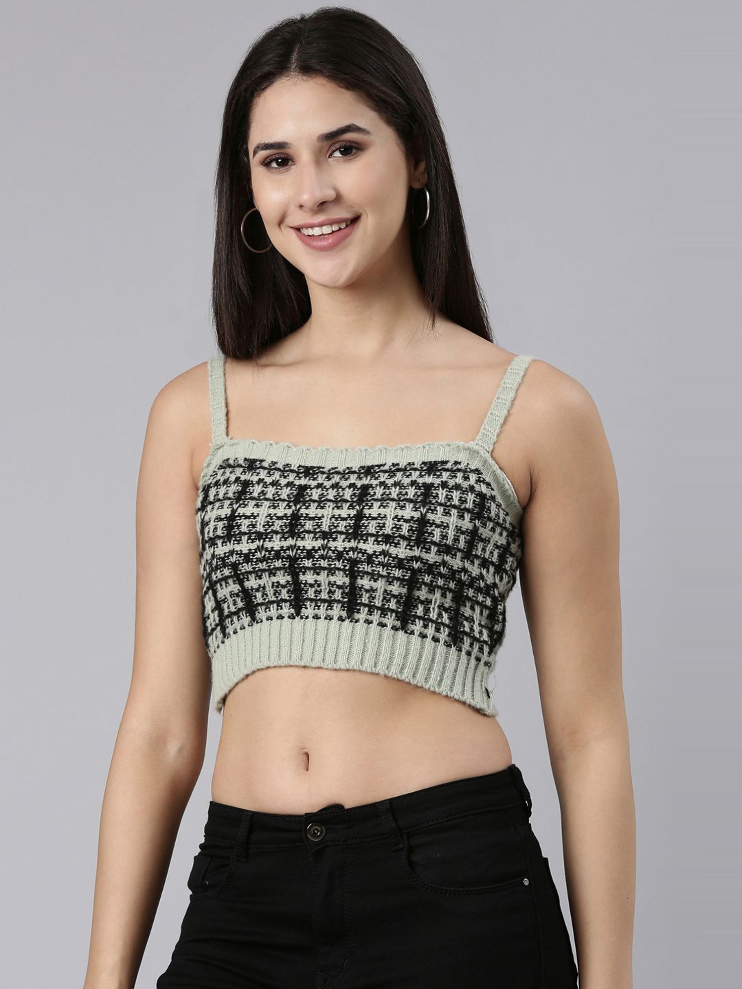 SHOWOFF Sea Green & Black Crochet Pattern Front-Open Cropped Sweater