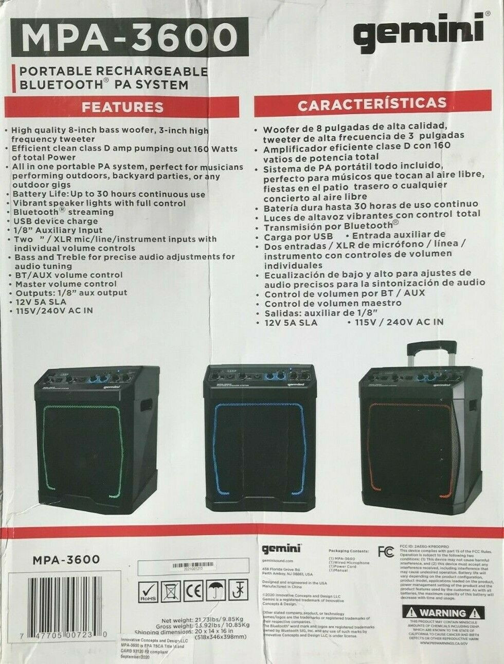 Gemini - MPA-3600 - 8" Portable Rechargeable Bluetooth Speaker with LED Lights