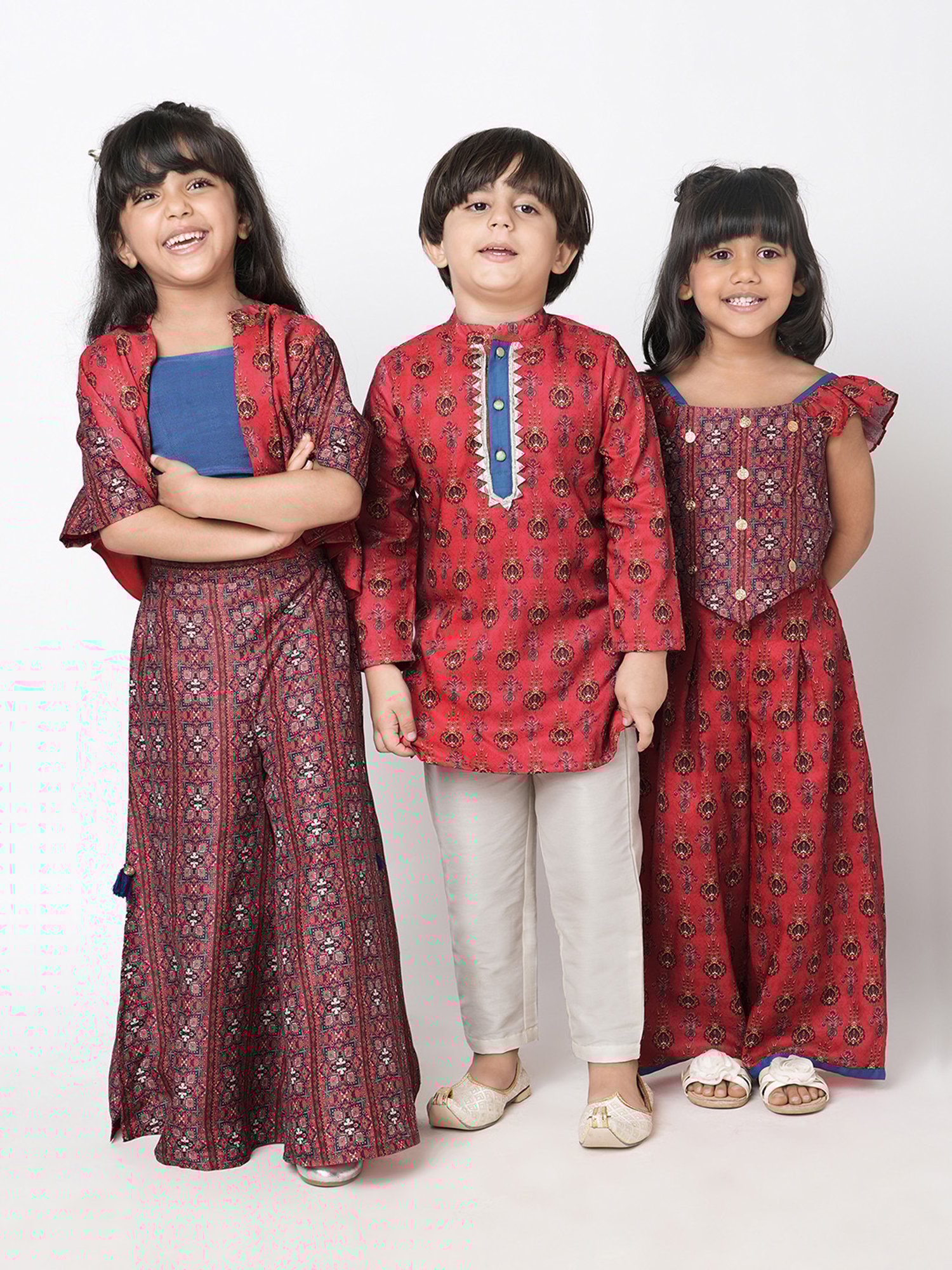 Lil Drama Kids Red & White Printed Full Sleeves Kurta with Pants