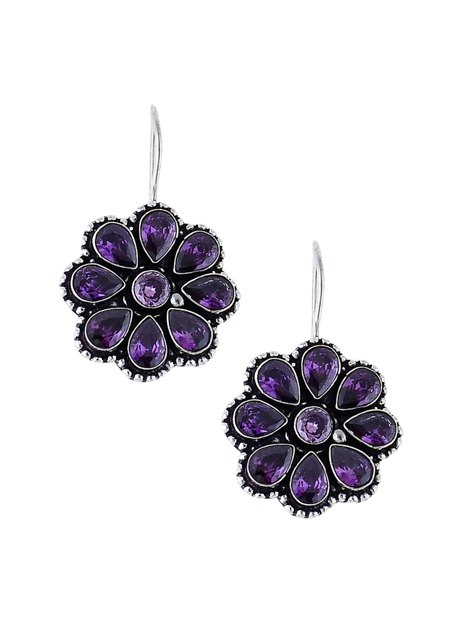 Imli Street Purple Silver Tone Stone-Studded Handcrafted Drop Earrings