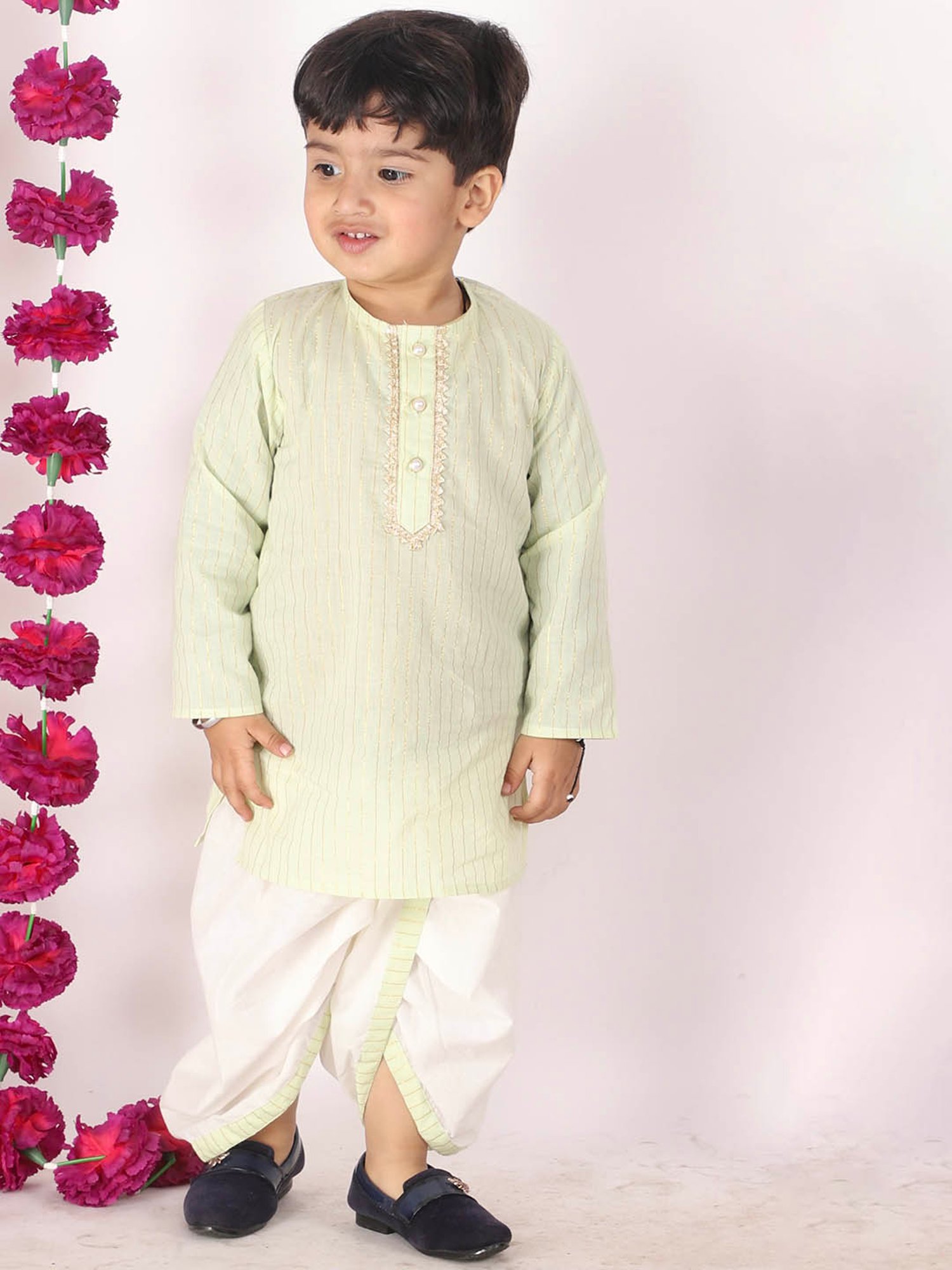 Little Bansi Kids Green & White Striped Kurta with Dhotis