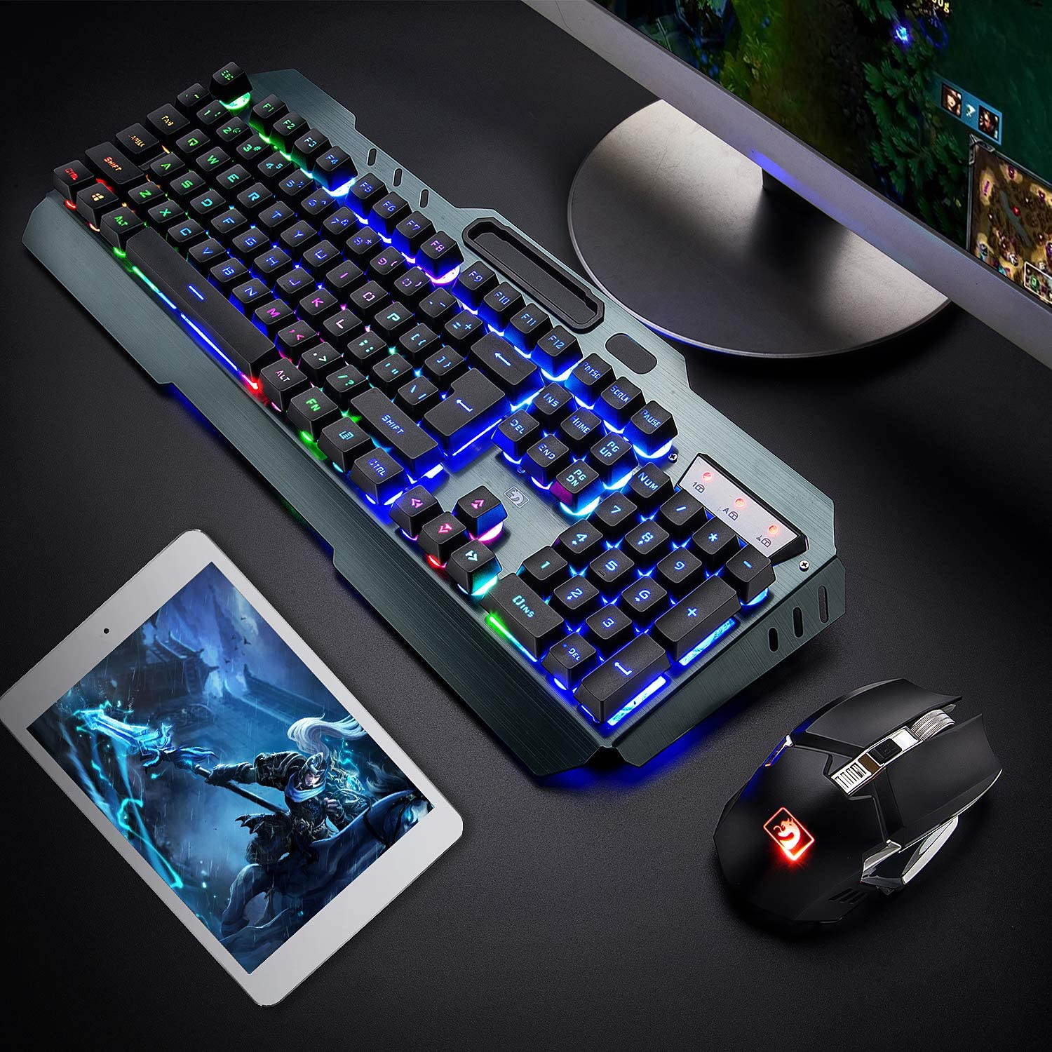 Wireless Gaming Keyboard and Mouse,Rechargeable16 Kinds RGB LED Backlit  Keyboard Mouse with 4800mAh Battery Metal Panel,Mechanical Feel and Gaming Mute Mouse for Computer Gamers