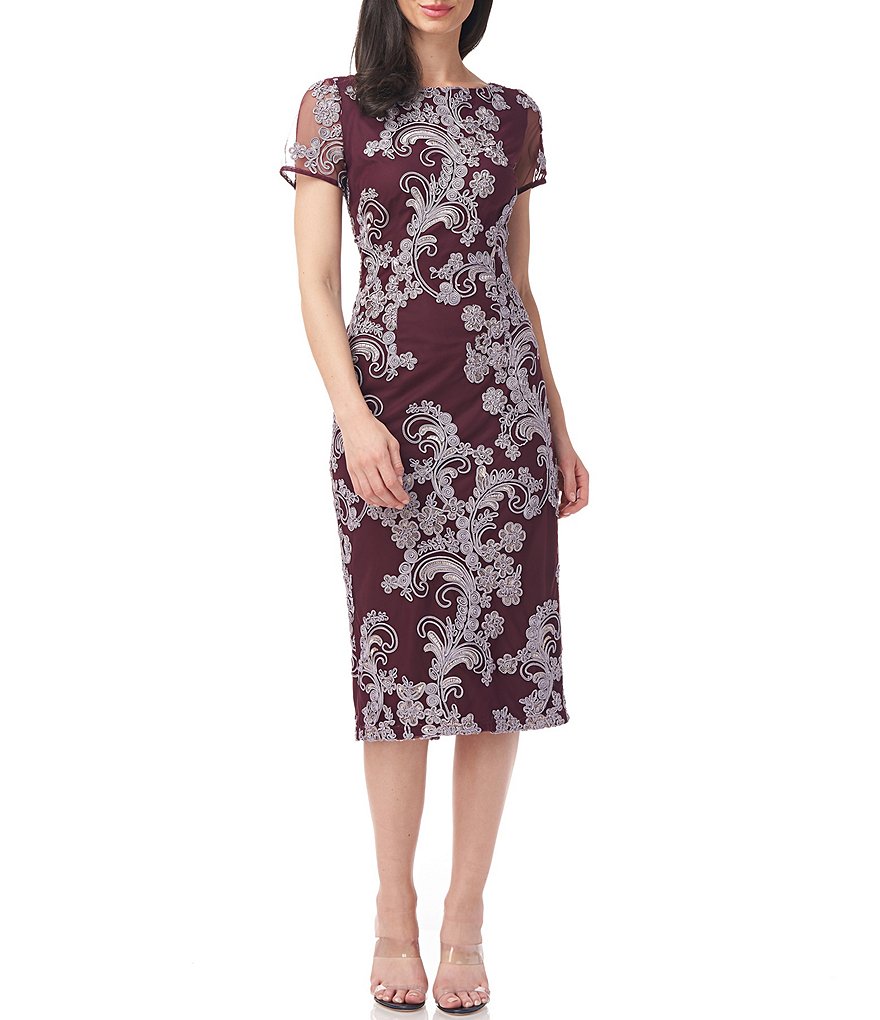 JS Collections Boat Neck Cap Sleeve Soutache Embroidered Sheath Dress