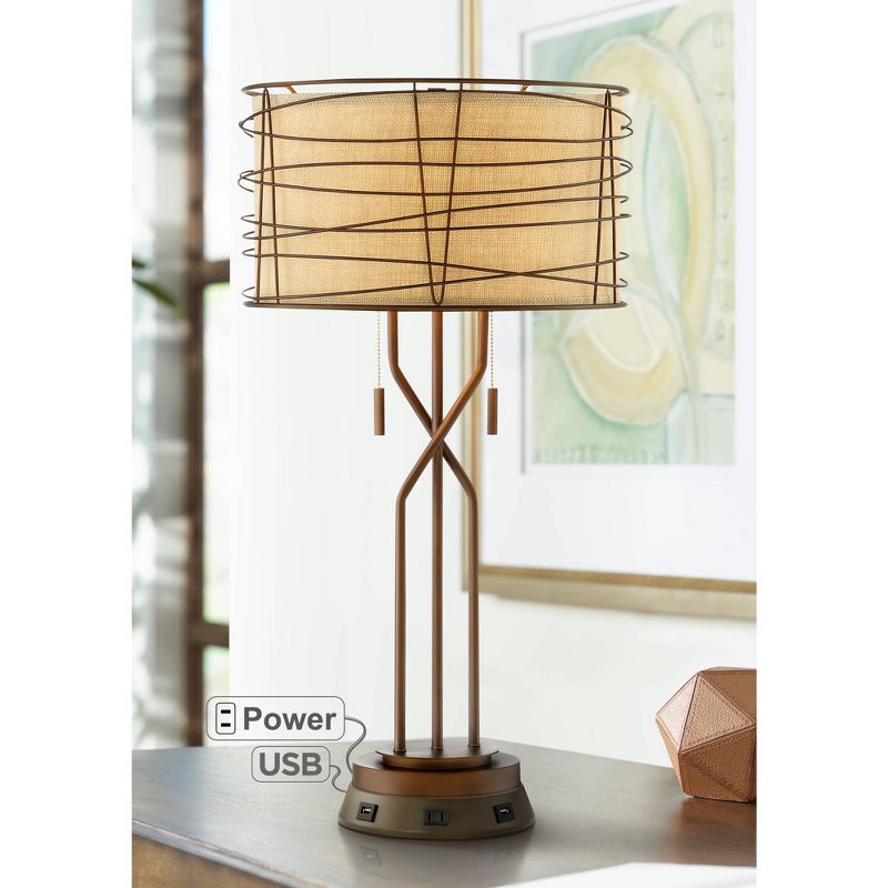 Franklin Iron Works Industrial Table Lamp with USB and AC Power Outlet Workstation Charging Base Bronze Woven Metal Burlap Bedroom