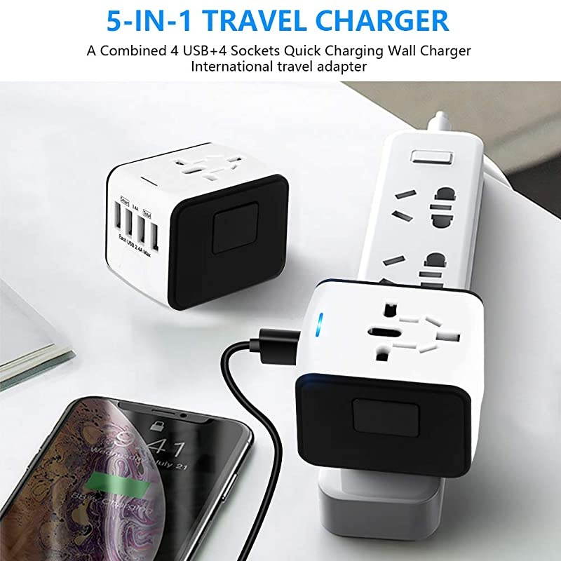 Travel Adapter Universal Power Adapter Worldwide All in One 4 USB with Electrical Plug Perfect for European US, EU, UK, AU 160 Countries (White) &iexcl;&shy;