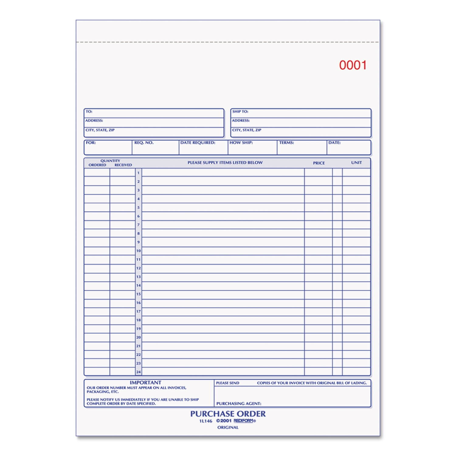 Rediform Purchase Order Book 8 1/2 x 11 Letter Two-Part Carbonless 50 Sets/Book