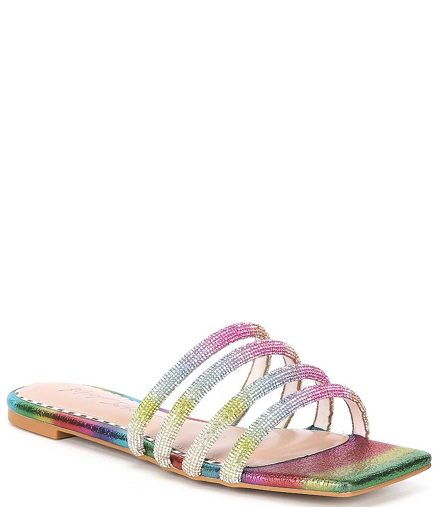Betsey Johnson Dilon Triple Band Rainbow Square Toe Flat Slides