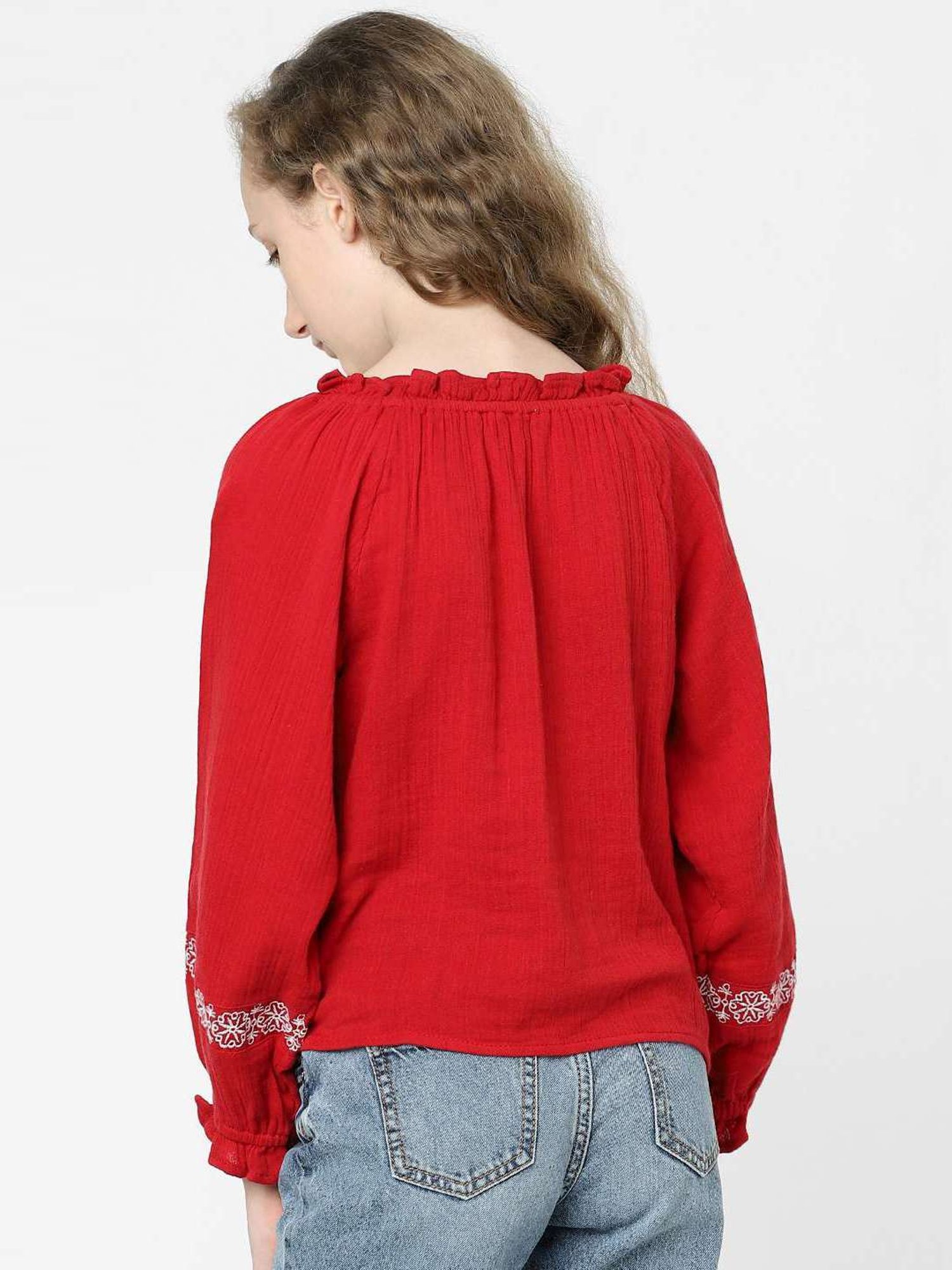 KIDS ONLY Red & White Cotton Embroidered Full Sleeves Top