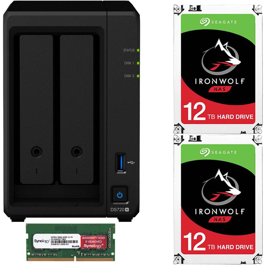 Synology DS720+ DiskStation with 2GB RAM and 24TB (2 x 12TB) of Seagate Ironwolf NAS Drives Fully Assembled and Tested By CustomTechSales