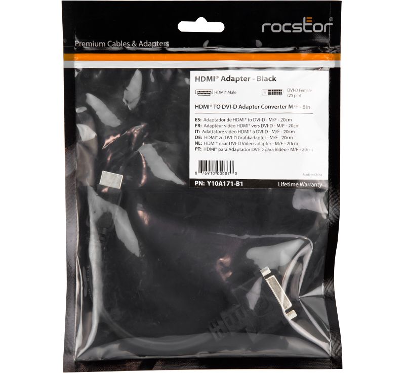 Rocstor Premium Y10A171-B1 8in HDMI to DVI-D Video Adapter F/M- HDMI Female to DVI Male