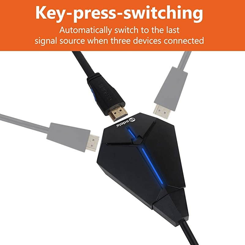 3 Port HDMI Switch,  3 in 1 Out HDMI Switch Box with High Speed Pigtail Cable, HDMI Switcher Splitter Supports Ultra HD 4K@30Hz 3D 1080p, Compatible with Xbox/PS4/Apple/Fire TV/Blu-Ray-Player