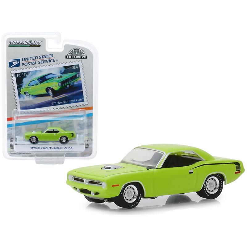 1970 Plymouth HEMI 'Cuda Lime Green "USPS Stamps" (2013) "Hobby Exclusive" 1/64 Diecast Model Car by Greenlight