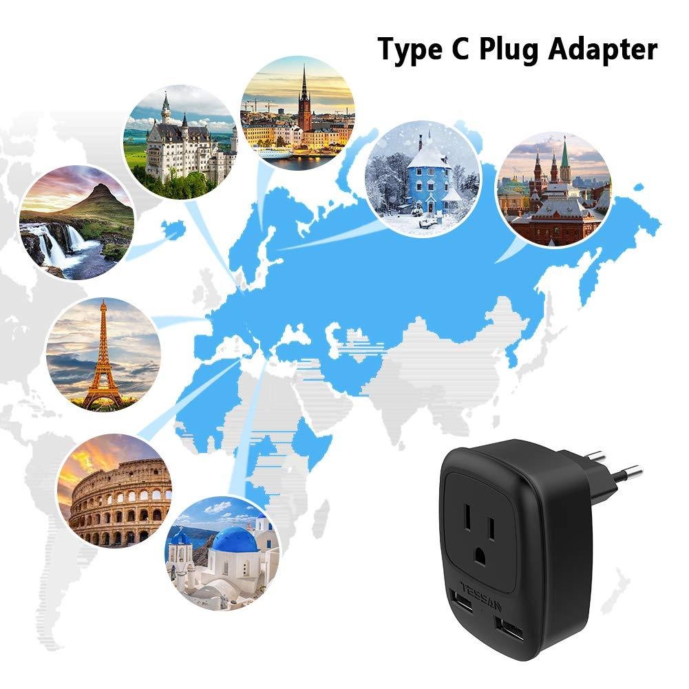 European Plug Adapter, TESSAN USA to Most of Europe Outlet Travel Adapter with 2 USB Charging Ports - 3 in 1 Europlug Power Adaptor -Type C Plug