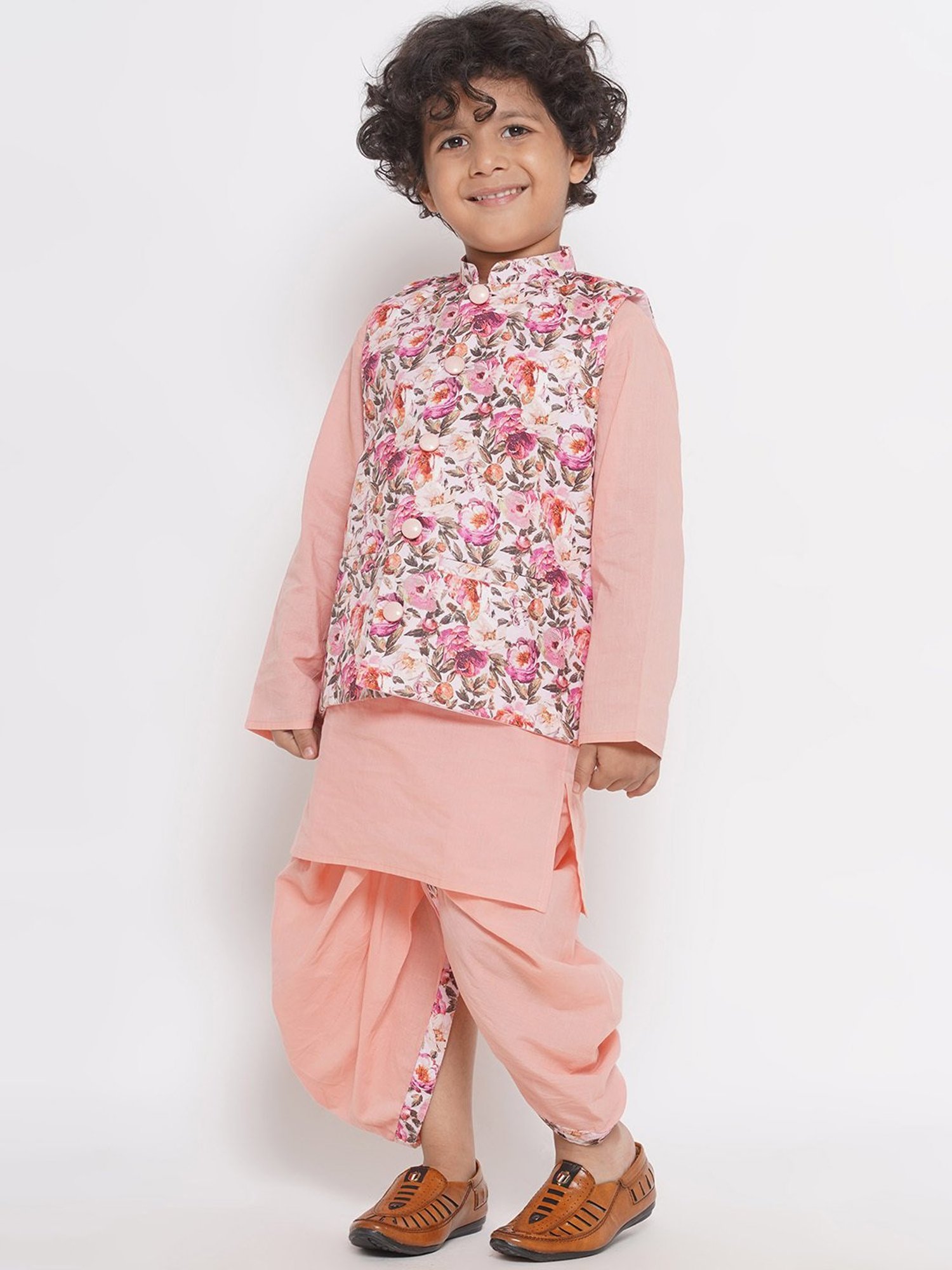 Little Bansi Kids Peach Floral Print Full Sleeves Kurta, Dhoti with Jacket