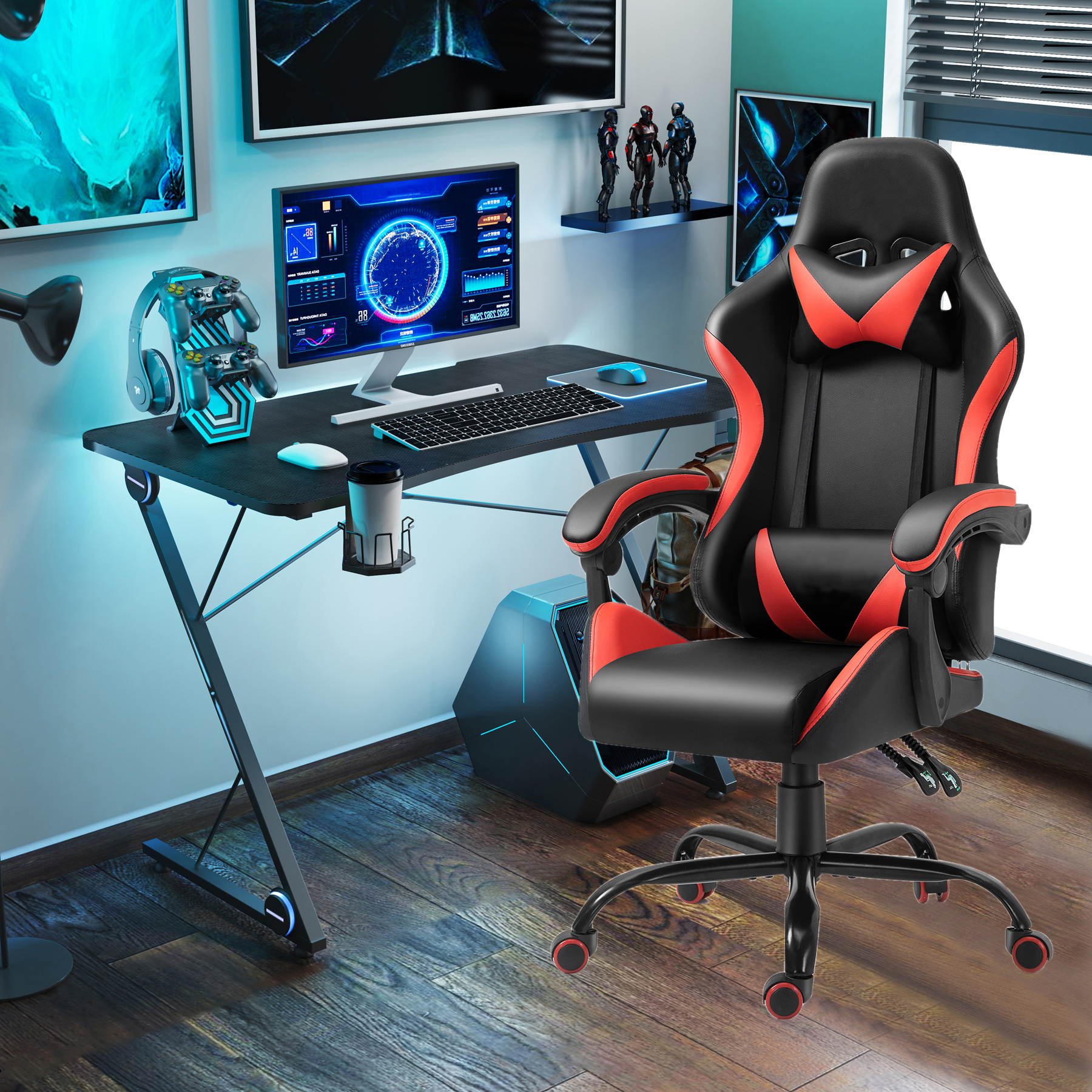 43.3 Inch Gaming Desk with Red PU Leather Gaming Chair Ergonomic Home Office Desk and Chair Set Z-Shaped E-Sport Gamer Workstation with LED Lights Carbon Fiber Surface and Cup Holder