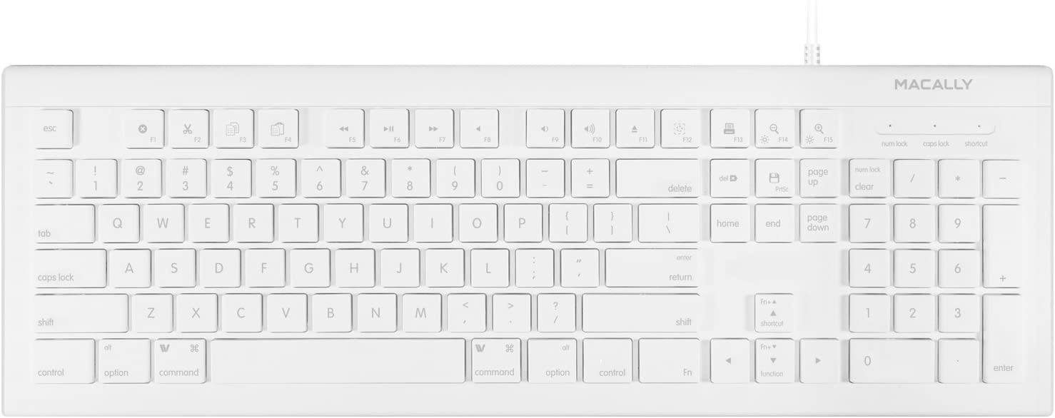Macally Full Size USB Wired Keyboard for Mac and PC - Plug & Play Wired Computer Keyboard - Compatible Apple Keyboard with 15 Shortcut Keys for Easy Controls & Navigation - White