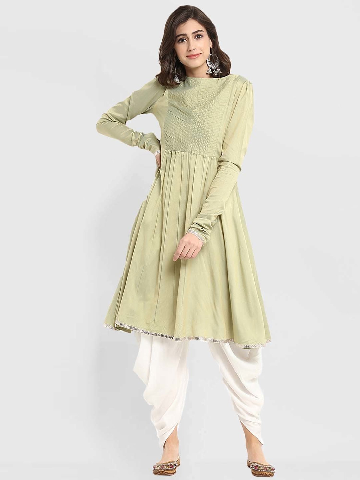 Abhishti Green & White Kurta Dhoti Pant Set