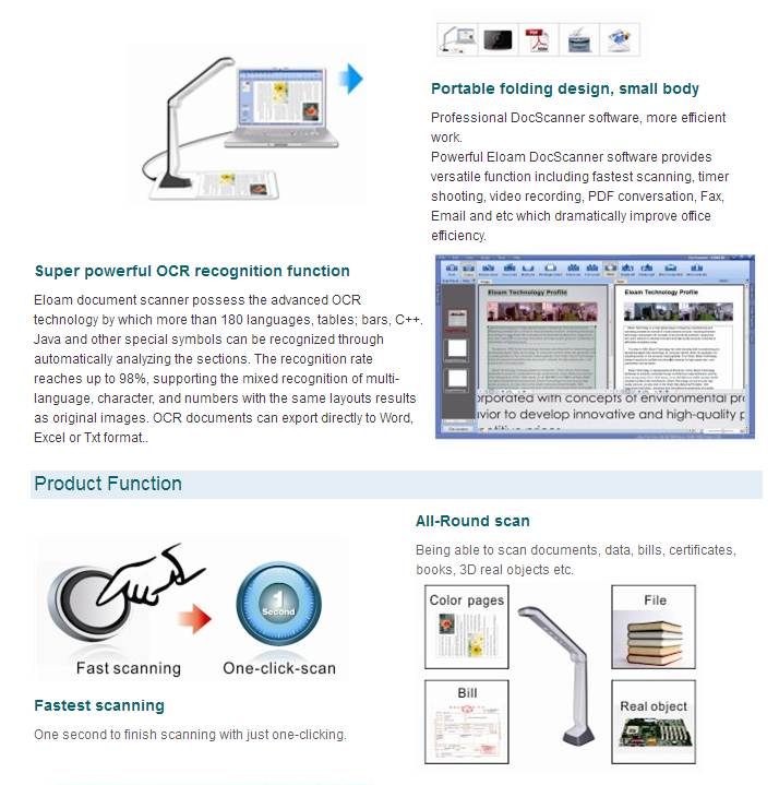 eloam Mini Document Camera Scanner S300P,OCR,Time Shooting,Video Recording for Office,Education Presentation Solution