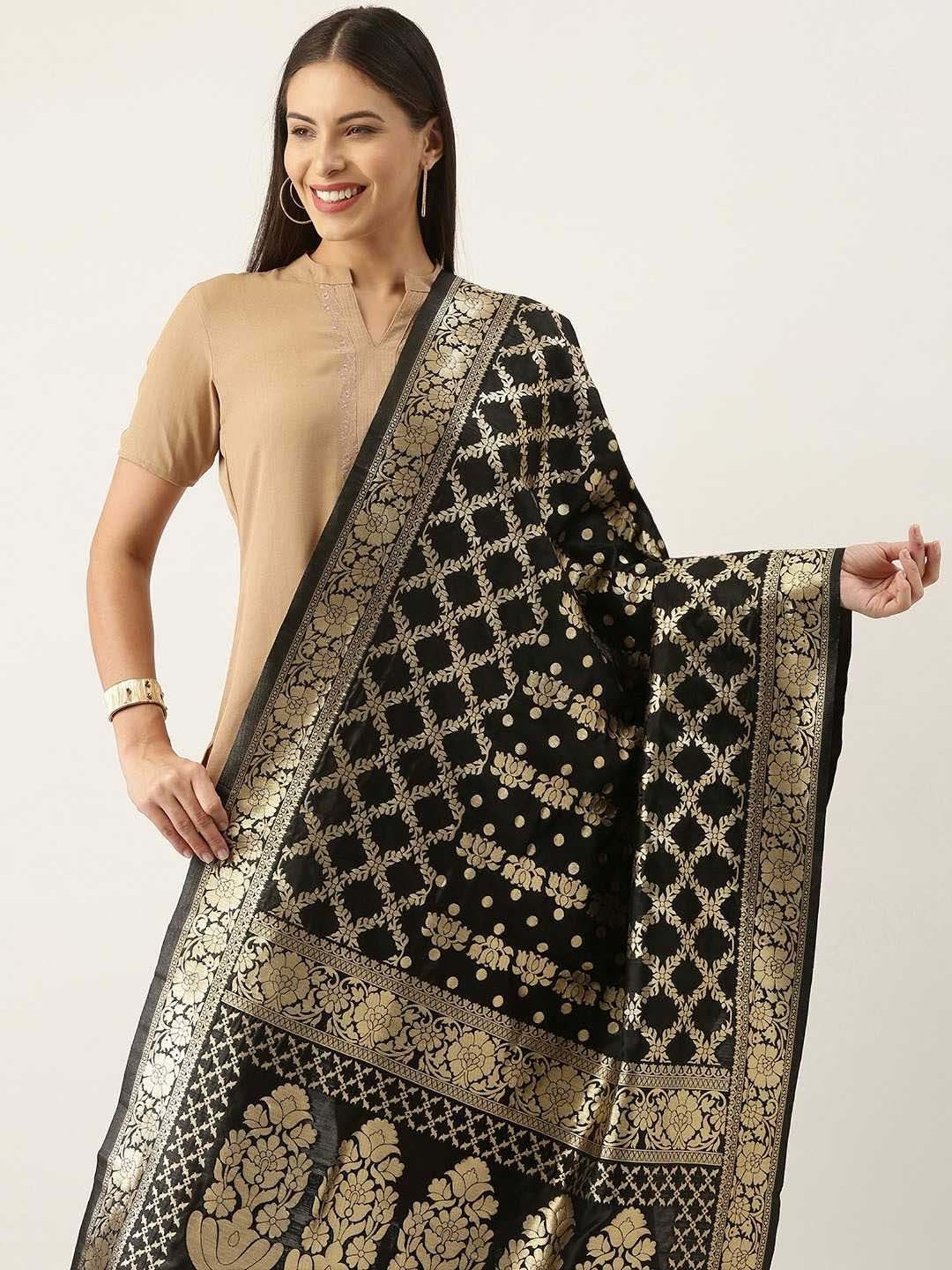 Silk Land Black Woven Pattern Dupatta