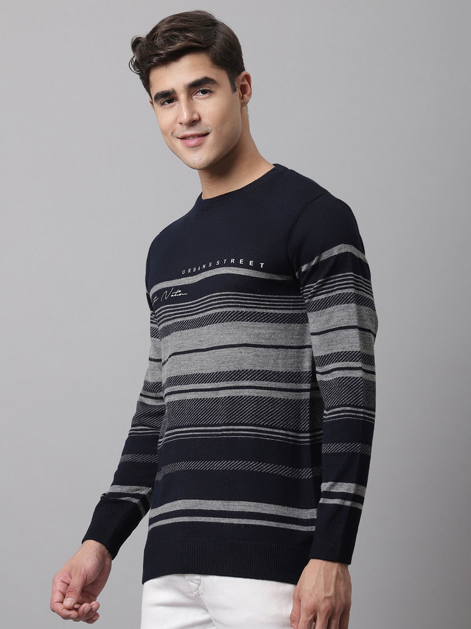 Cantabil Dark Navy Regular Fit Striped Sweater