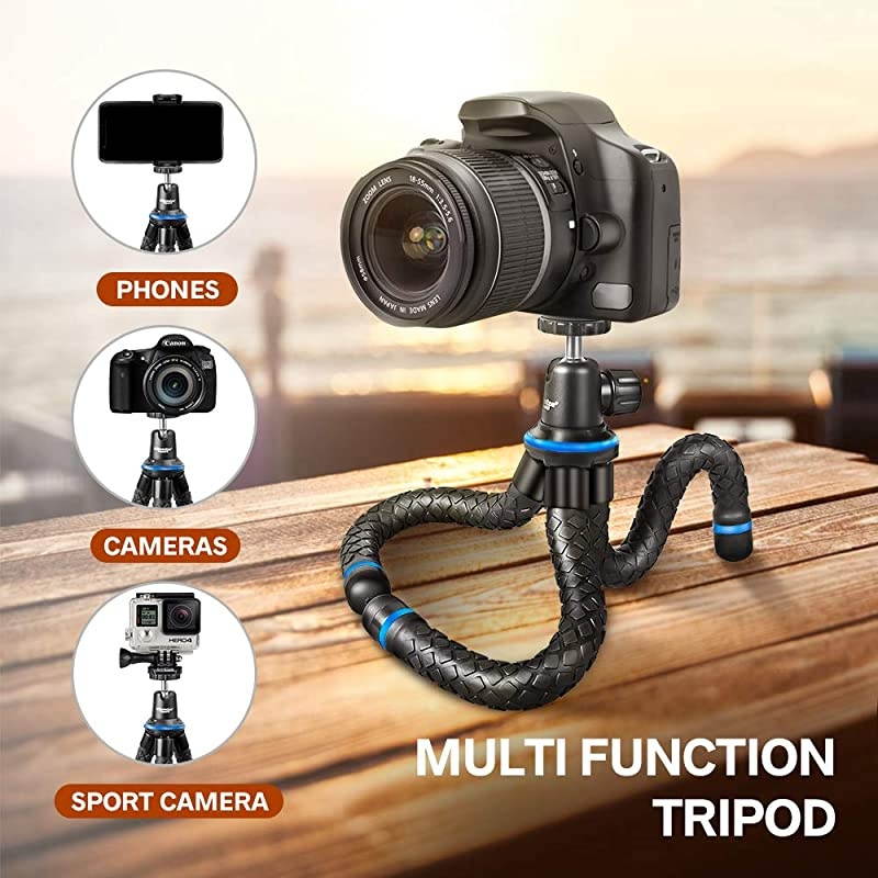 Flexible Cell Phone Tripod, Mini Travel Tripod Stand with Wireless Remote Shutter, Universal Adapter Compatible with iPhone, Android, GoPro, DSLR, Action Camera. (Blue)