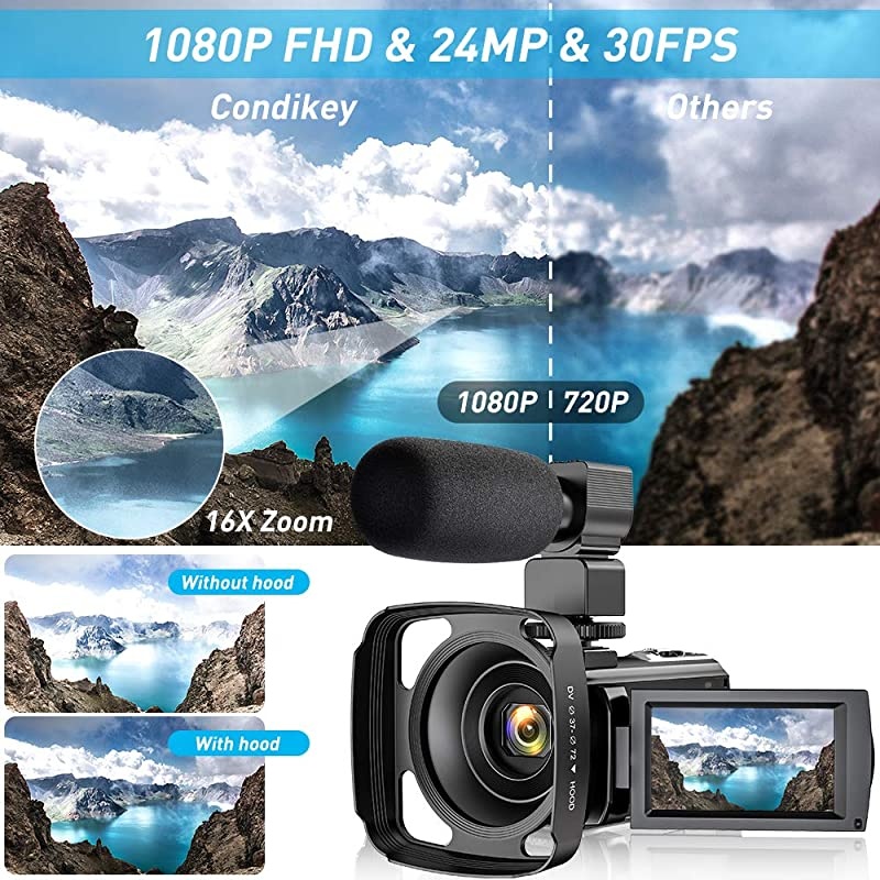 Camera Camcorder for YouTube FHD 1080P 30FPS 24MP Digital Vlogging Camera 16X Digital Zoom 30 Inch 270&deg; Rotation Screen Recorder with Lens Hood Microphone Remote Control 2 Batteries