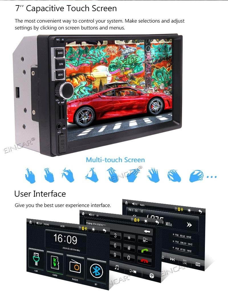 EinCar Newest Double 2 Din Car Stereo, 7 Inch Capacitive Touch Screen Car Radio MP3/MP5/FM Player Supports GPS Navigation/Bluetooth/USB/TF Card with Remote Control and 8GB GPS Map Card