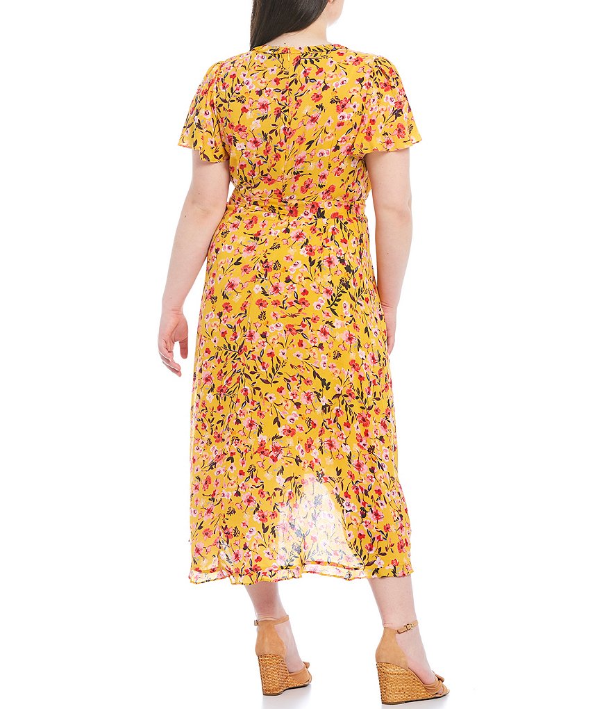 Jessica Simpson Plus Size V-Neck Short Sleeve Shay Golden Rod Acrylic Floral Ruffle Trim Hi-Low Faux Wrap Dress